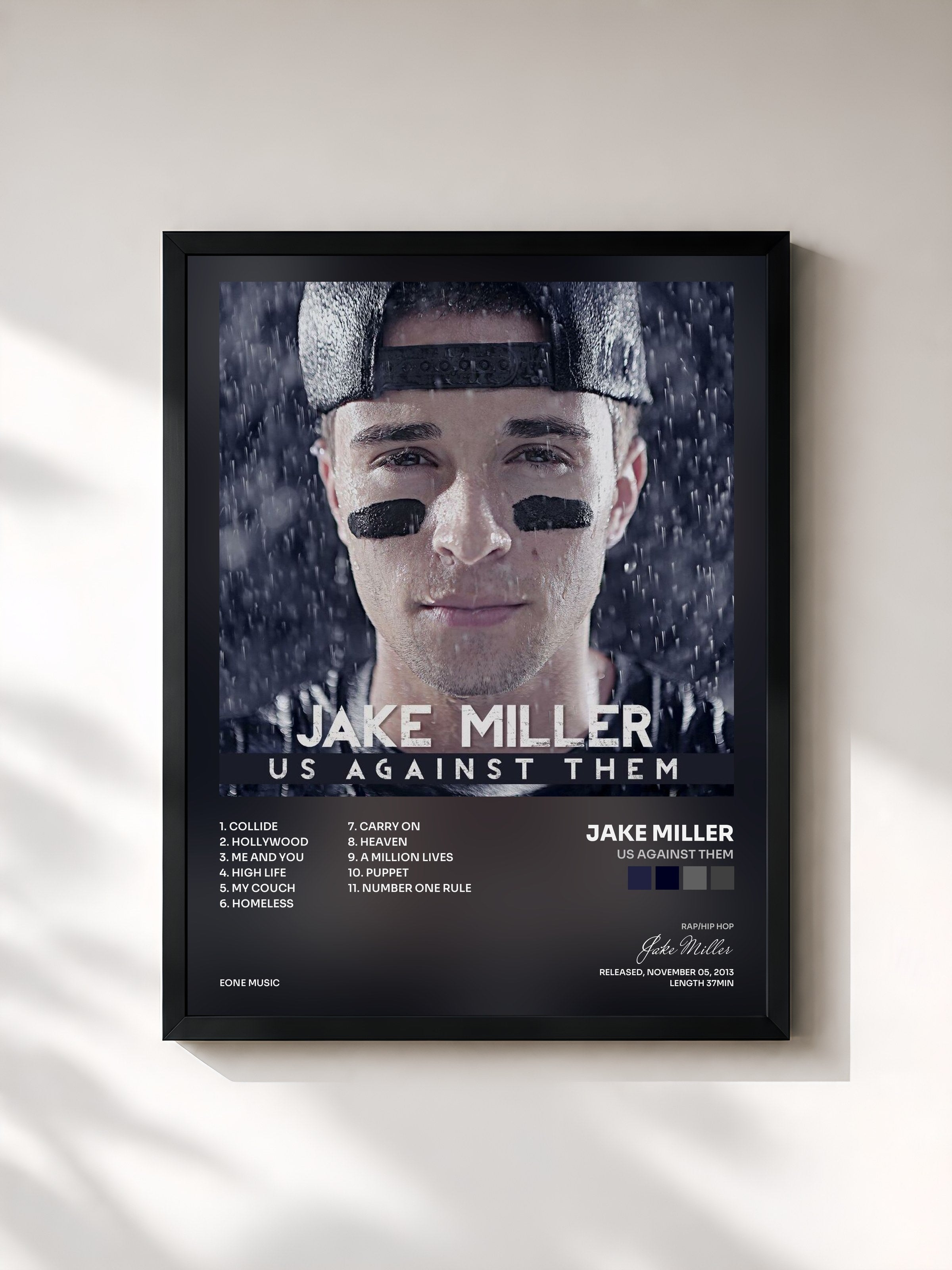 #noir Tableau de l'album Us Against Them de Jake Miller, cadre noir, imprimé et encadré en France