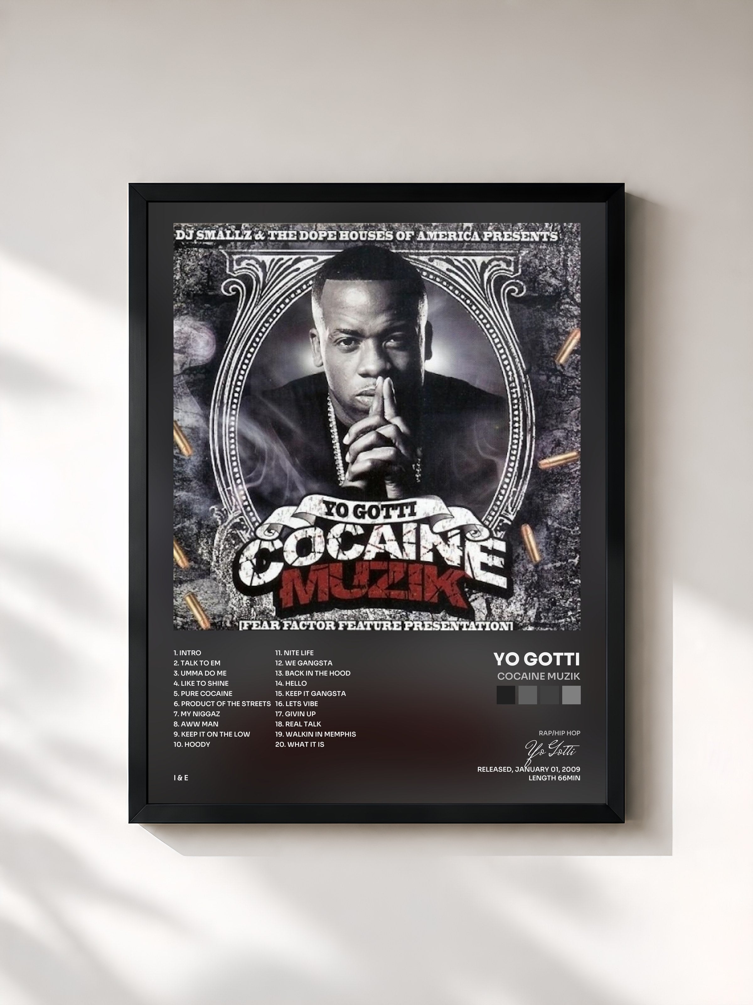 #noir Tableau de l'album Cocaine Muzik de Yo Gotti, cadre noir, imprimé et encadré en France