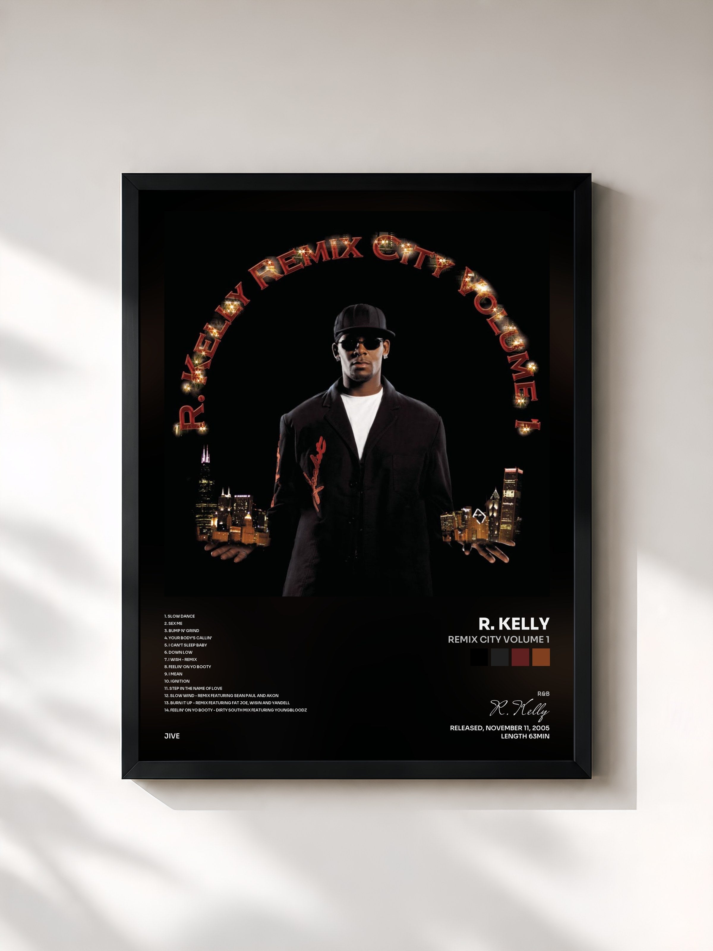 #noir Tableau de l'album Remix City Volume 1 de R. Kelly, cadre noir, imprimé et encadré en France