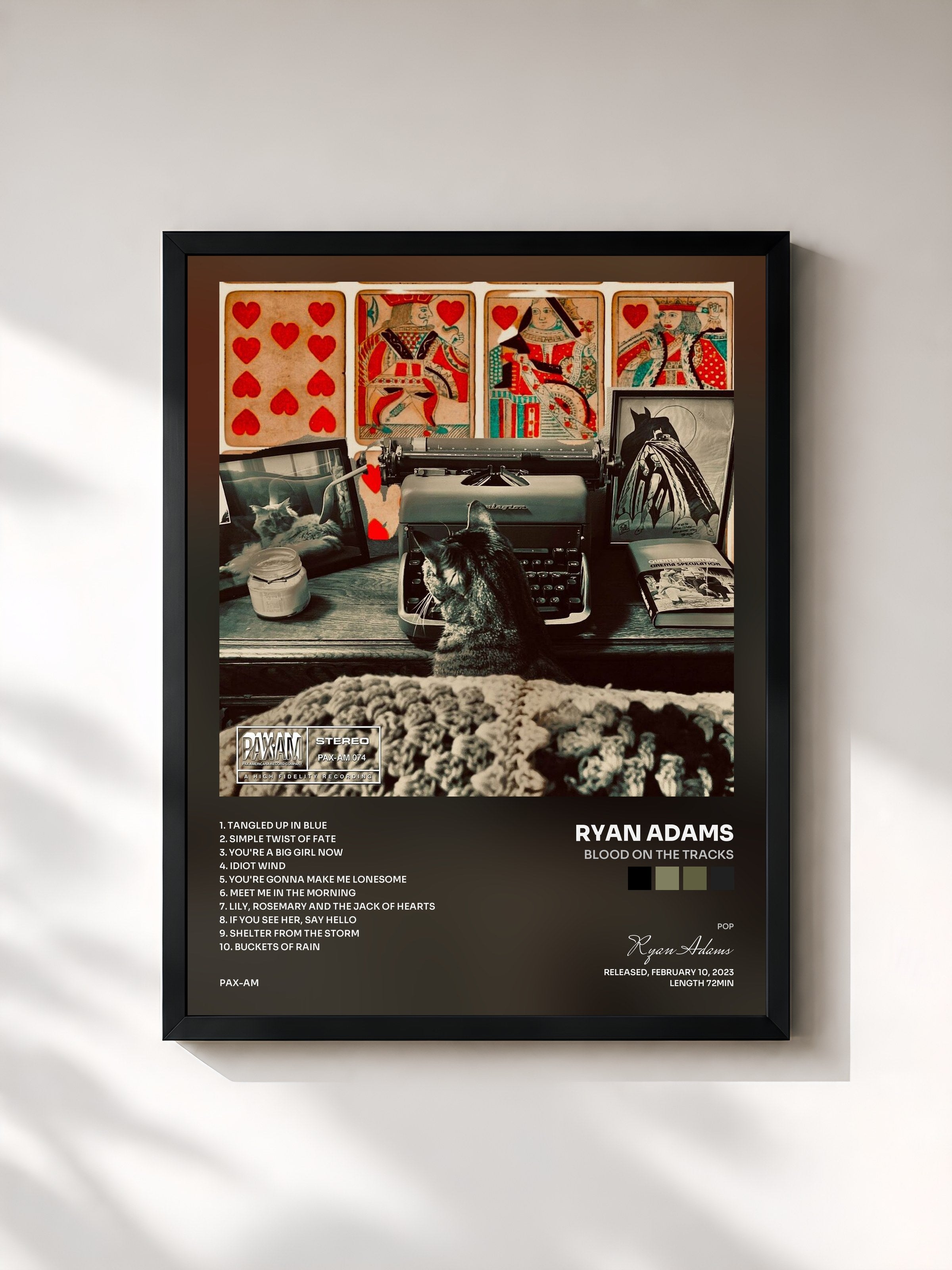 #noir Tableau de l'album Blood on the Tracks de Ryan Adams, cadre noir, imprimé et encadré en France