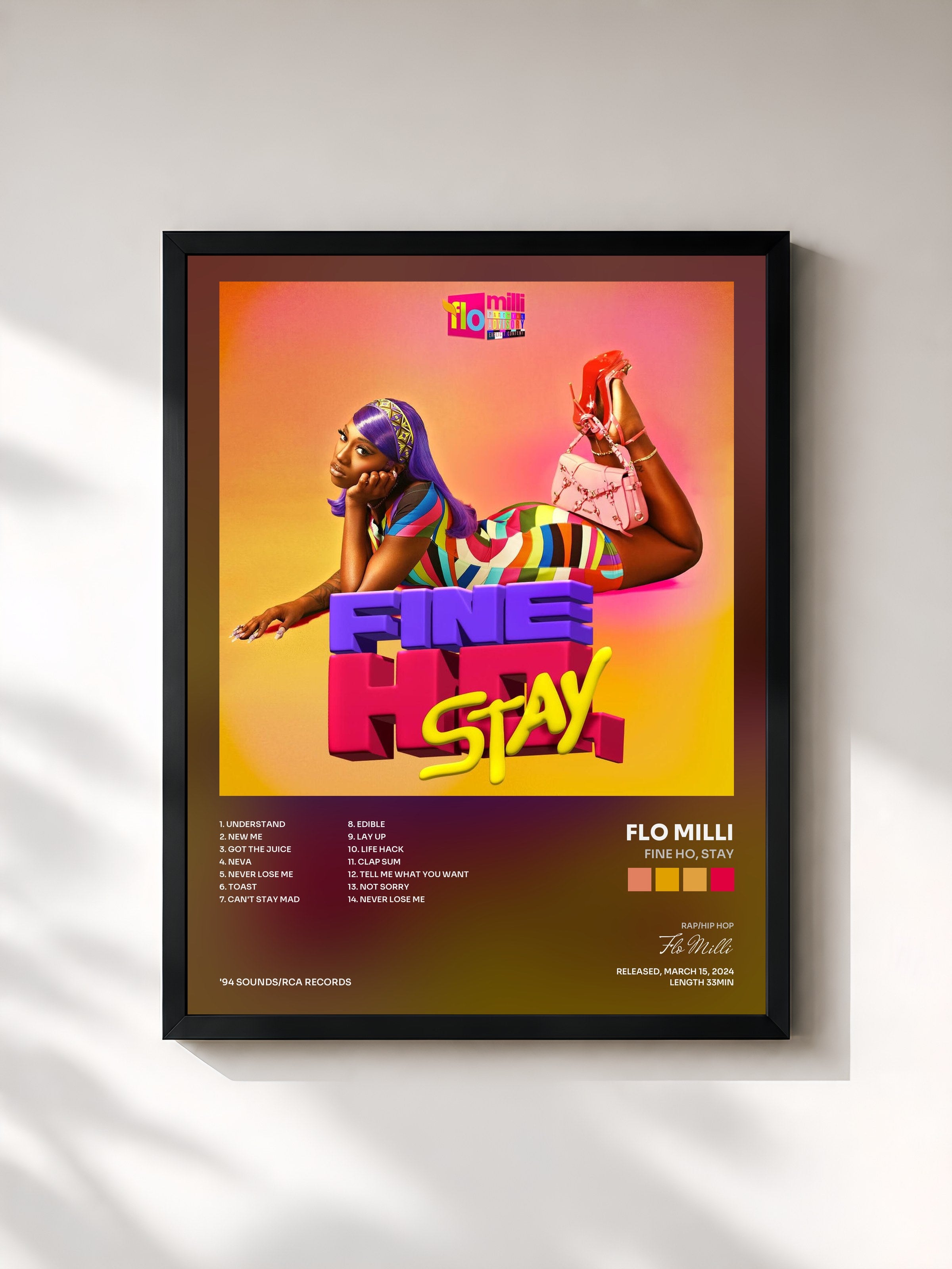 #noir Tableau de l'album Fine Ho, Stay de Flo Milli, cadre noir, imprimé et encadré en France