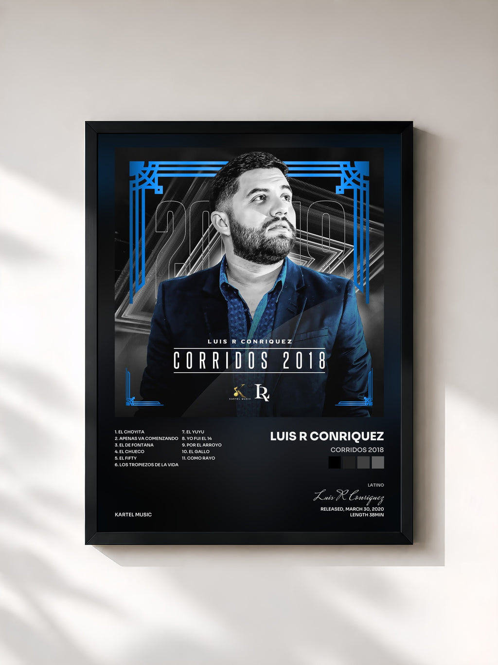 #noir Tableau de l'album Corridos 2018 de Luis R Conriquez, cadre noir, imprimé et encadré en France