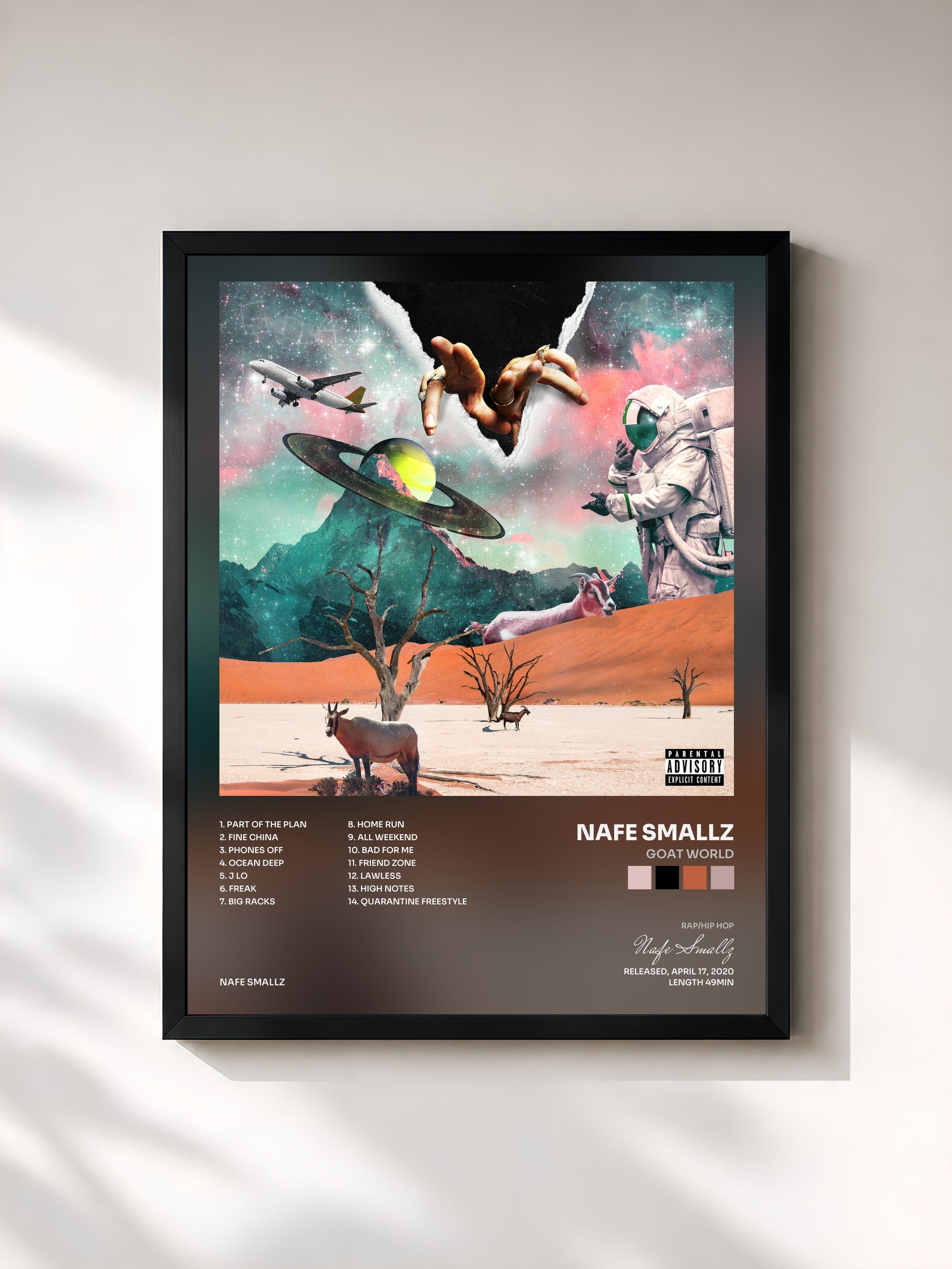 #noir Tableau de l'album Goat World de Nafe Smallz, cadre noir, imprimé et encadré en France