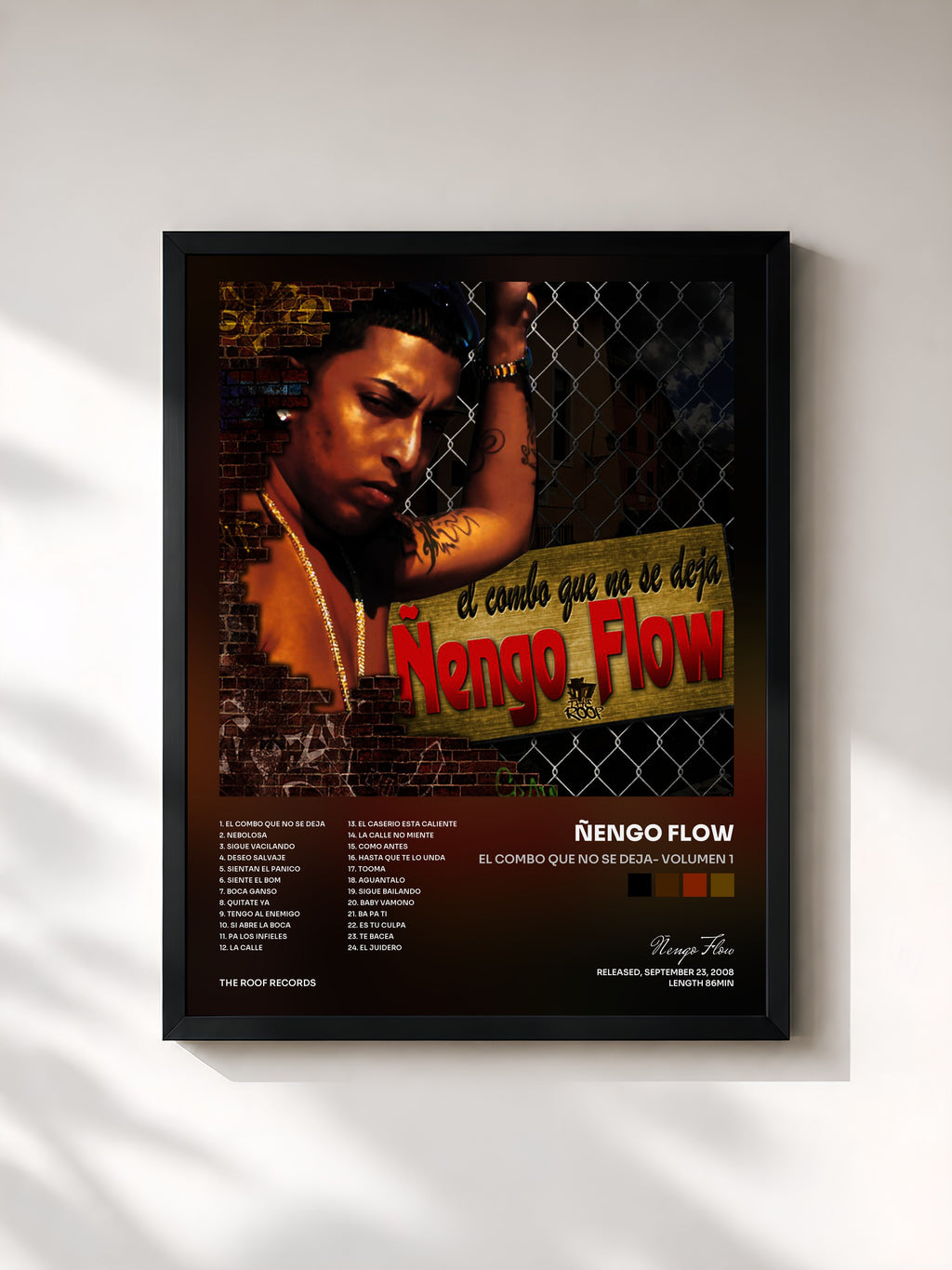#noir Tableau de l'album El Combo Que No Se Deja- Volumen 1 de Ñengo Flow, cadre noir, imprimé et encadré en France