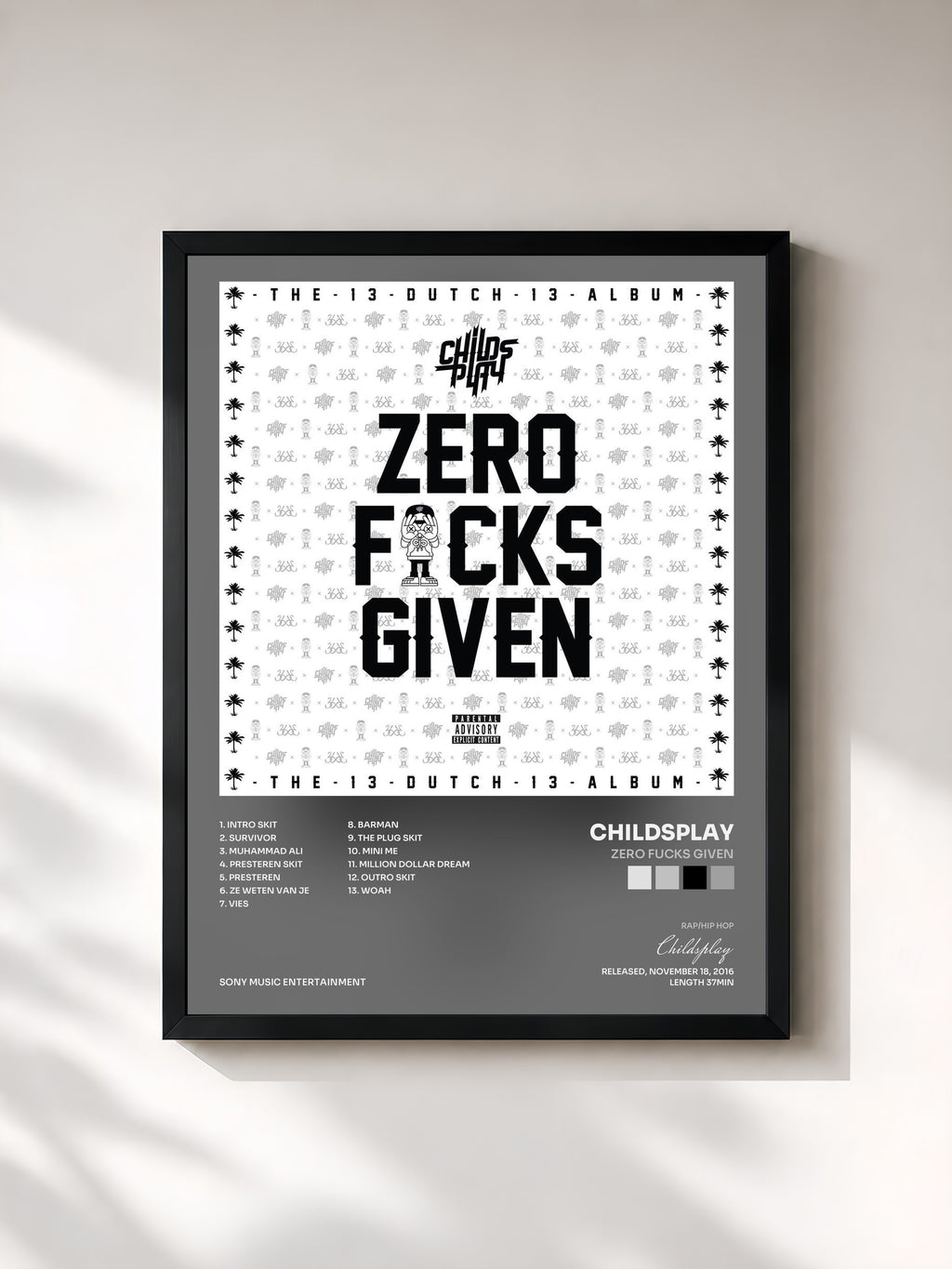#noir Tableau de l'album Zero Fucks Given de Childsplay, cadre noir, imprimé et encadré en France