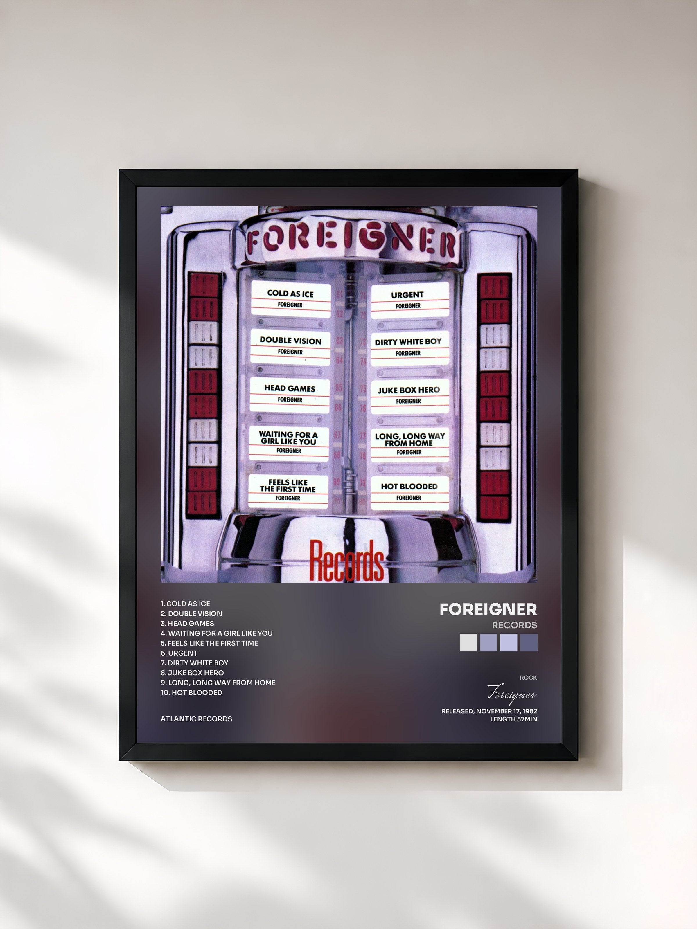 #noir Tableau de l'album Records de Foreigner, cadre noir, imprimé et encadré en France