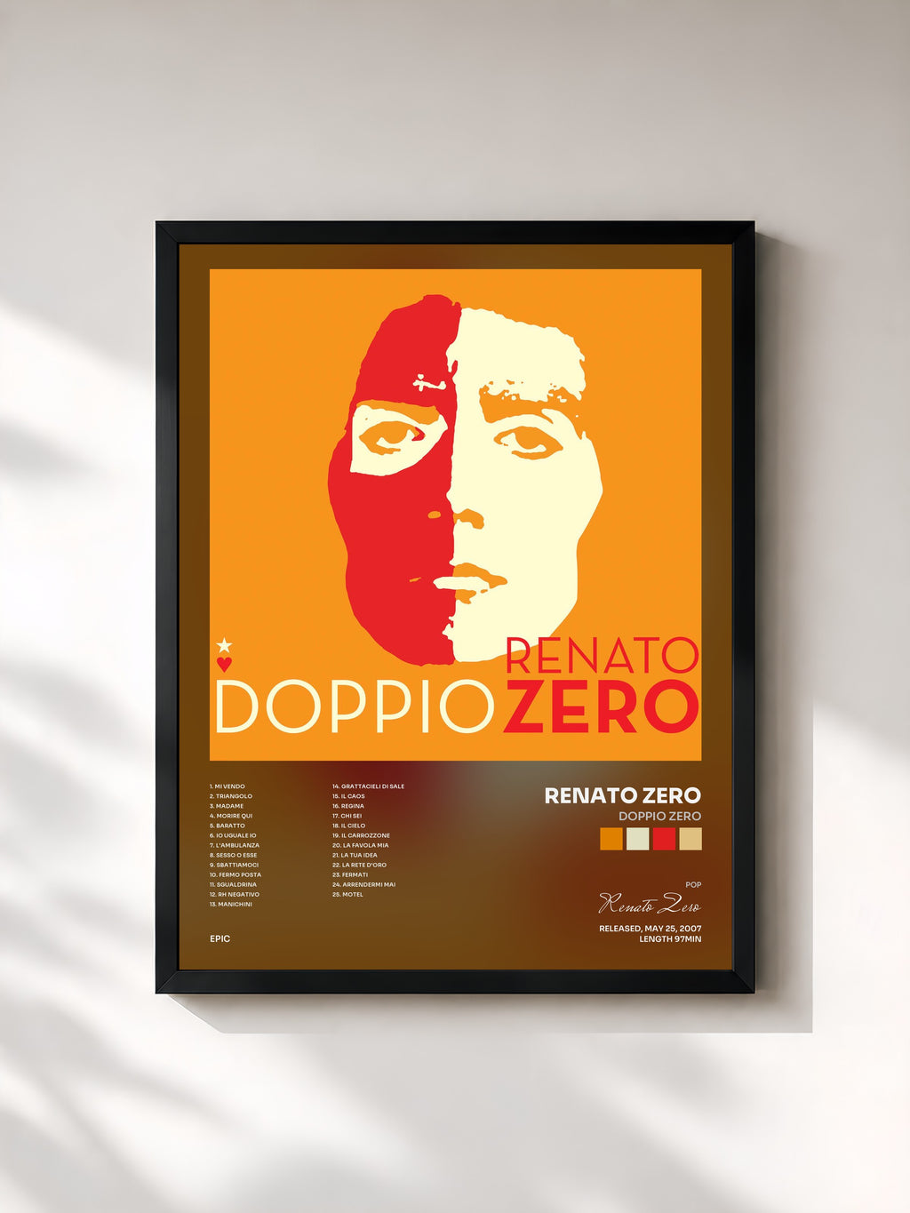 #noir Tableau de l'album Doppio Zero de Renato Zero, cadre noir, imprimé et encadré en France