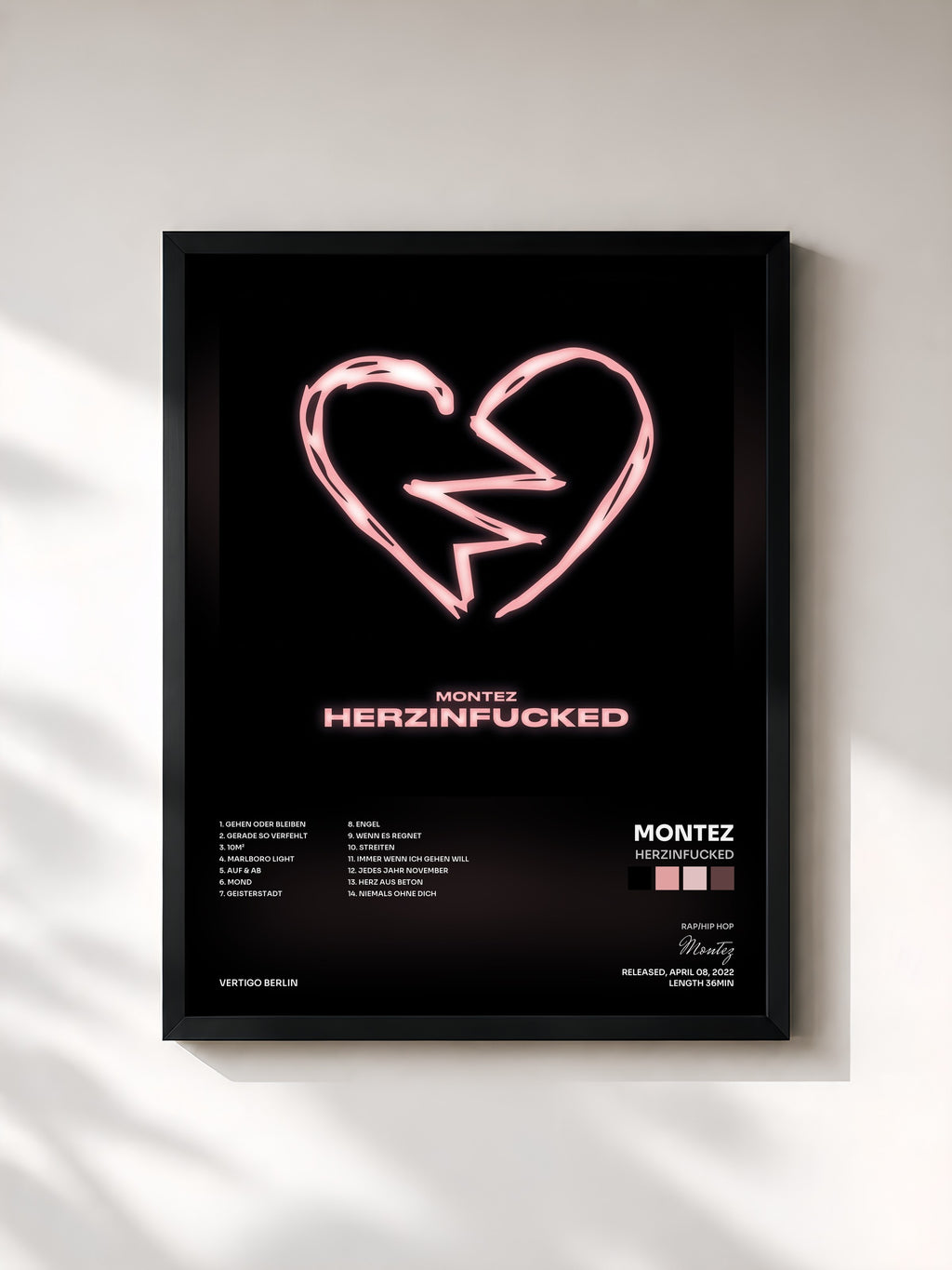 #noir Tableau de l'album HERZINFUCKED de Montez, cadre noir, imprimé et encadré en France
