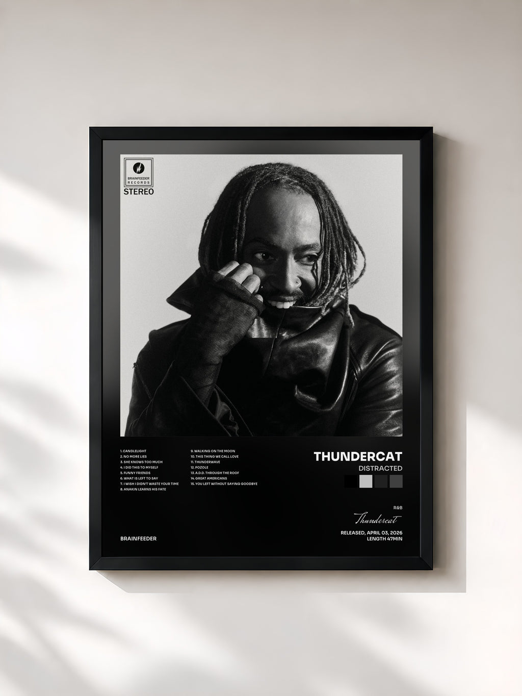#noir Tableau de l'album Distracted de Thundercat, cadre noir, imprimé et encadré en France