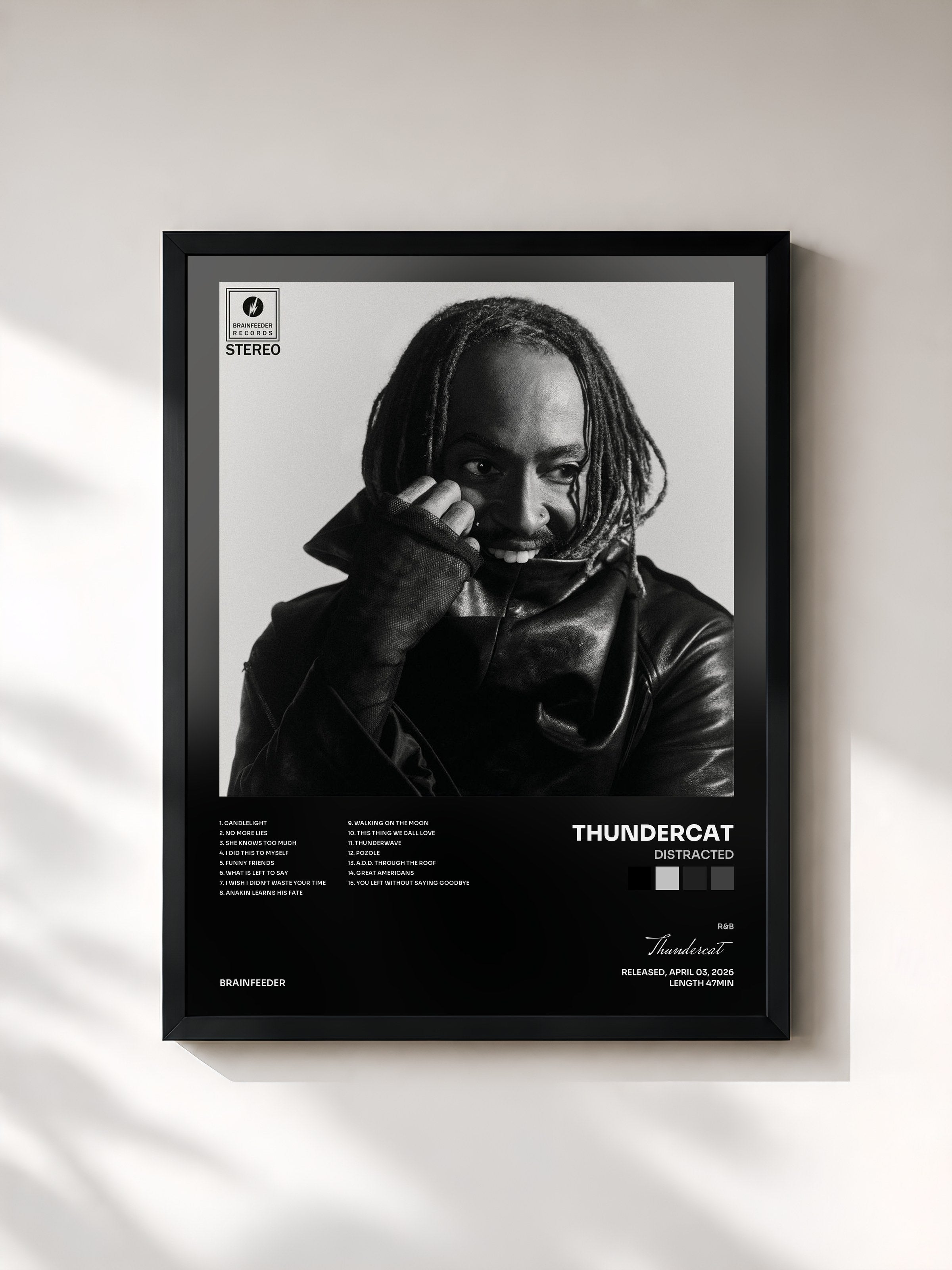 #noir Tableau de l'album Distracted de Thundercat, cadre noir, imprimé et encadré en France