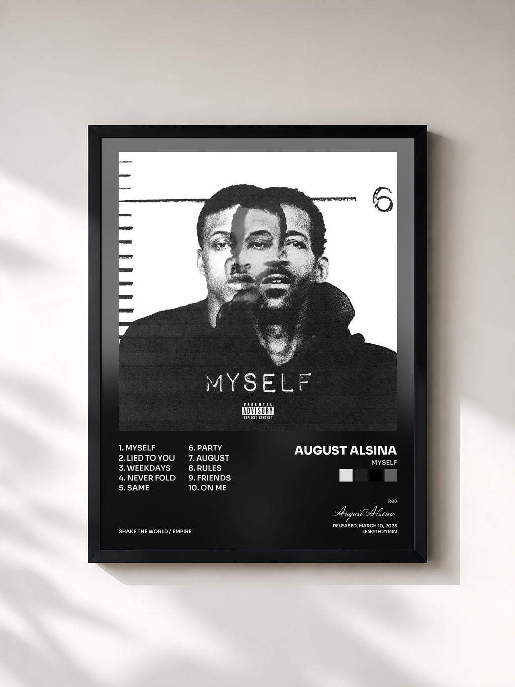 #noir Tableau de l'album Myself de August Alsina, cadre noir, imprimé et encadré en France
