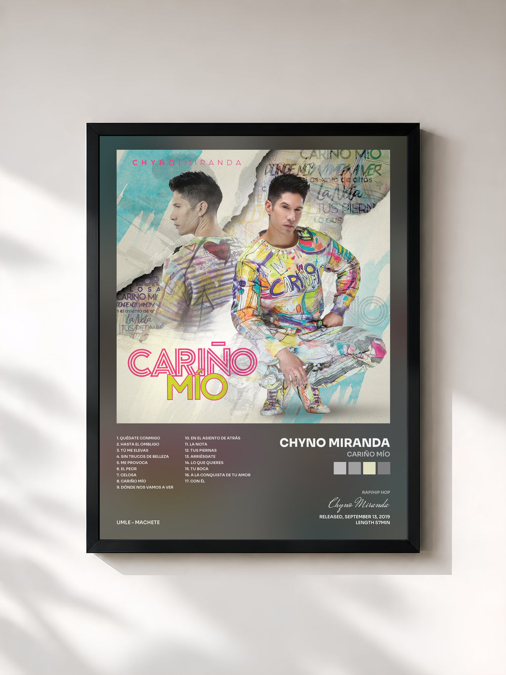 #noir Tableau de l'album Cariño Mío de Chyno Miranda, cadre noir, imprimé et encadré en France