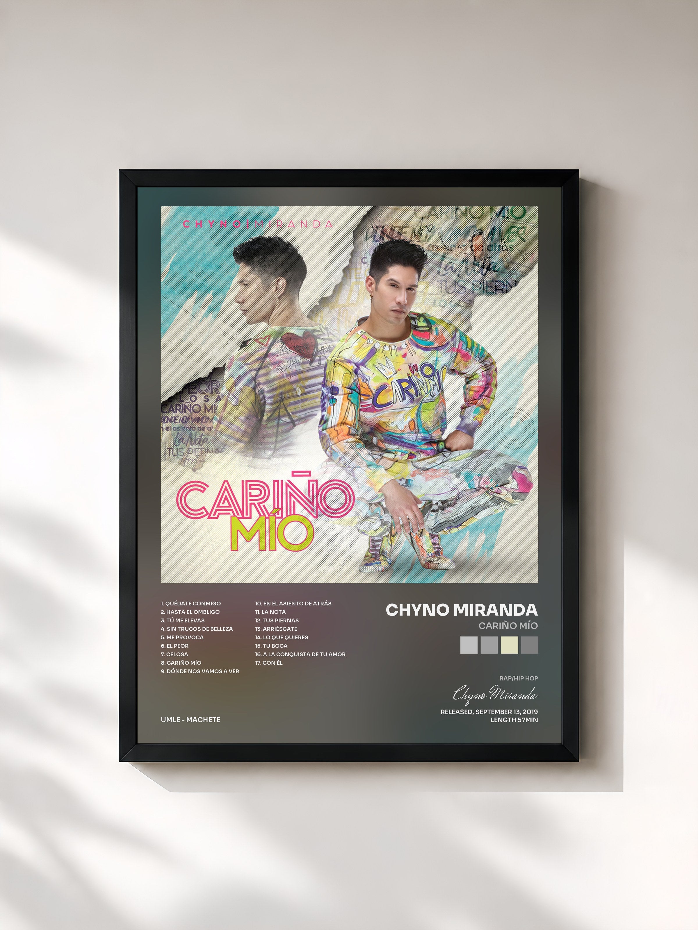 #noir Tableau de l'album Cariño Mío de Chyno Miranda, cadre noir, imprimé et encadré en France