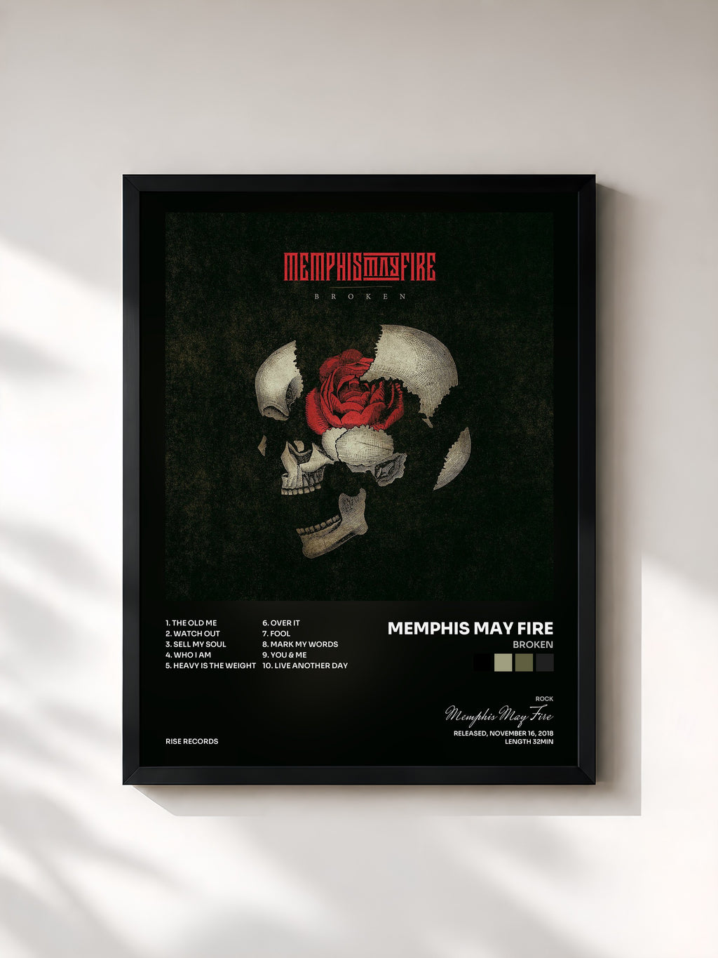 #noir Tableau de l'album Broken de Memphis May Fire, cadre noir, imprimé et encadré en France