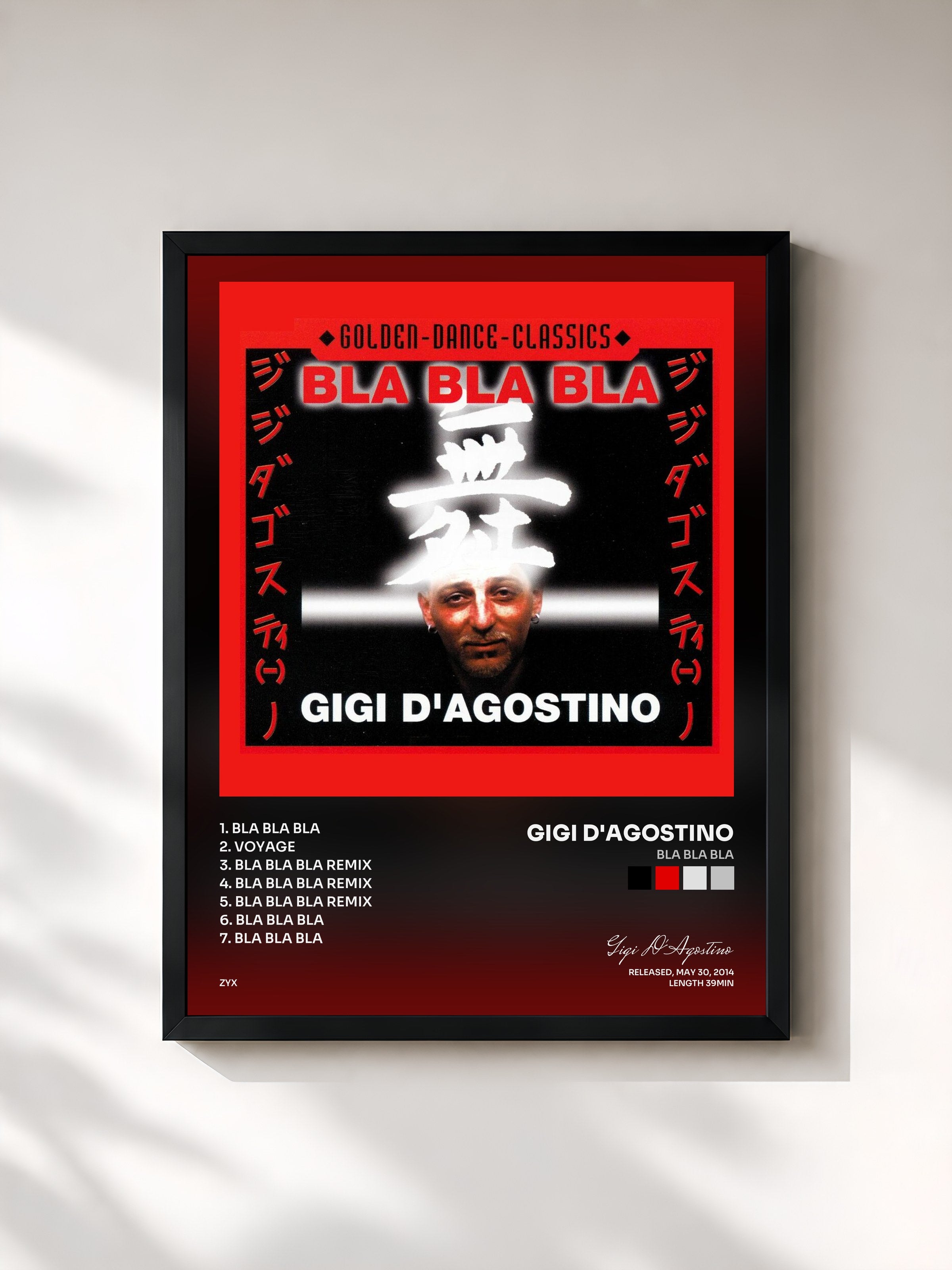 #noir Tableau de l'album Bla Bla Bla de Gigi D'Agostino, cadre noir, imprimé et encadré en France
