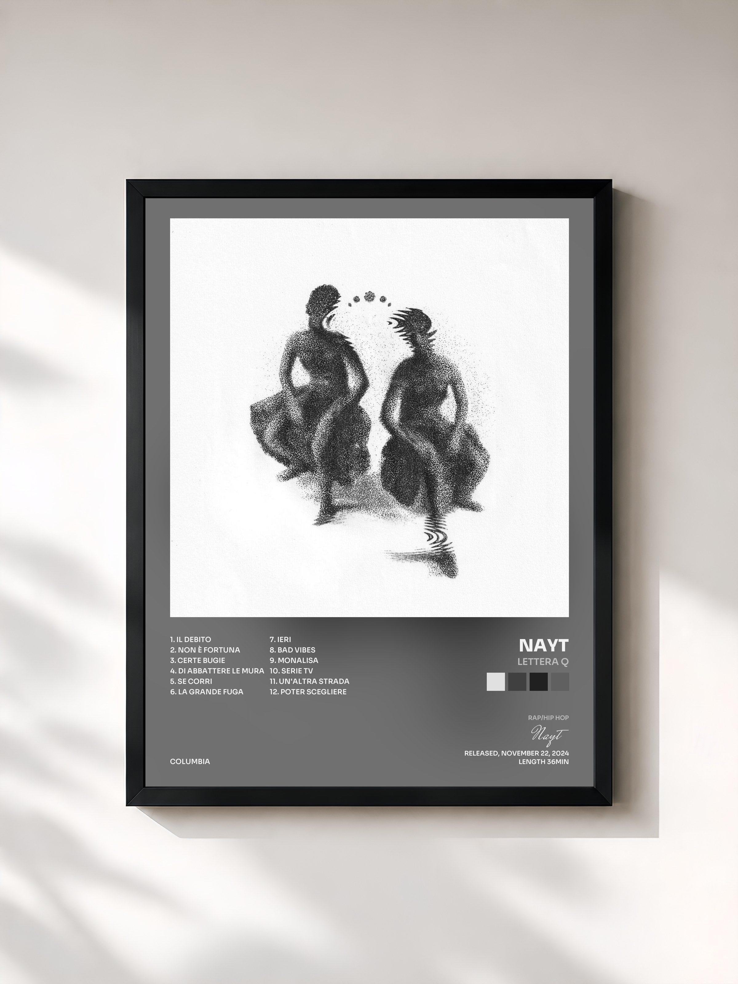 #noir Tableau de l'album Lettera Q de Nayt, cadre noir, imprimé et encadré en France