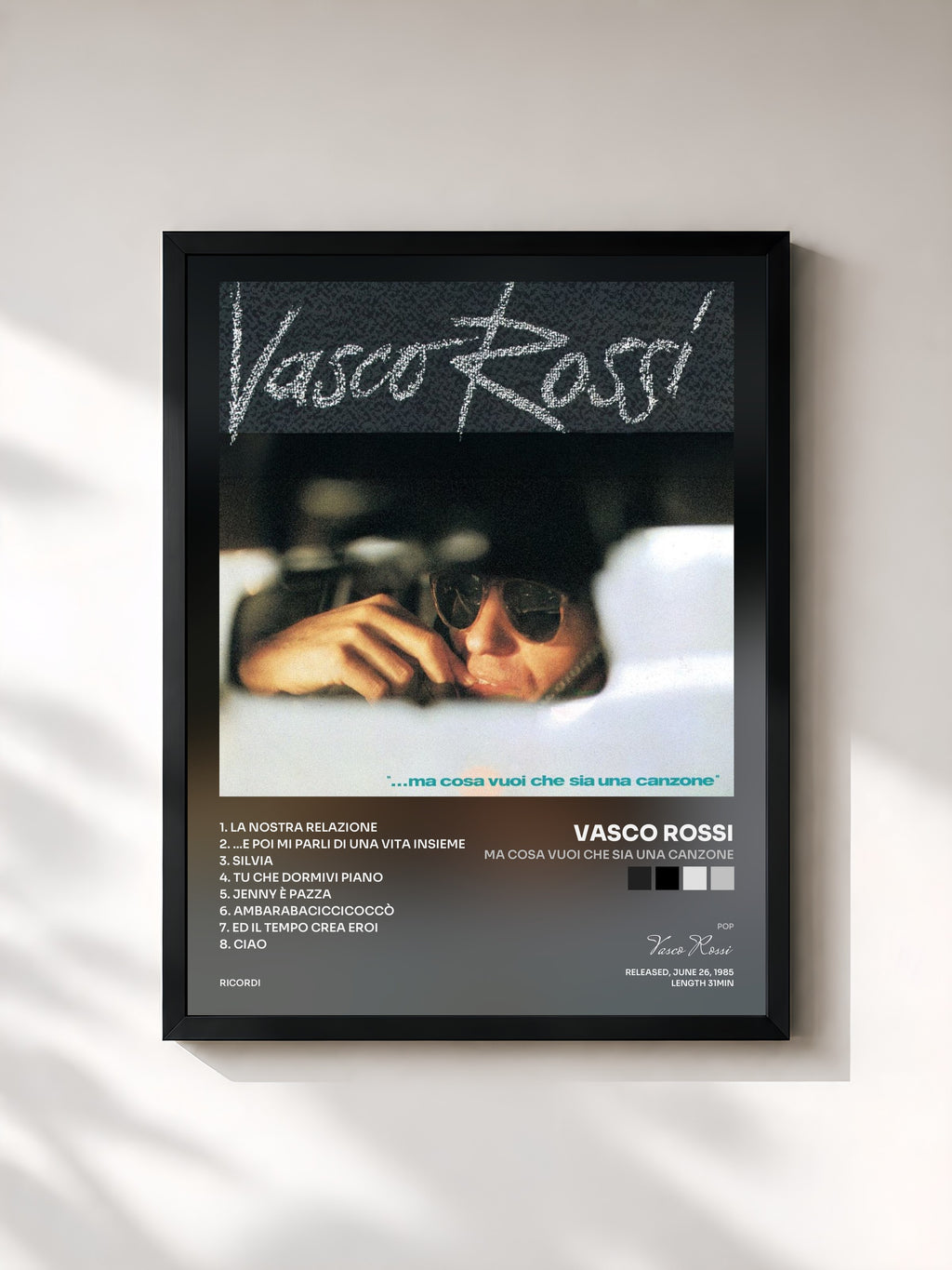#noir Tableau de l'album Ma Cosa Vuoi Che Sia Una Canzone de Vasco Rossi, cadre noir, imprimé et encadré en France