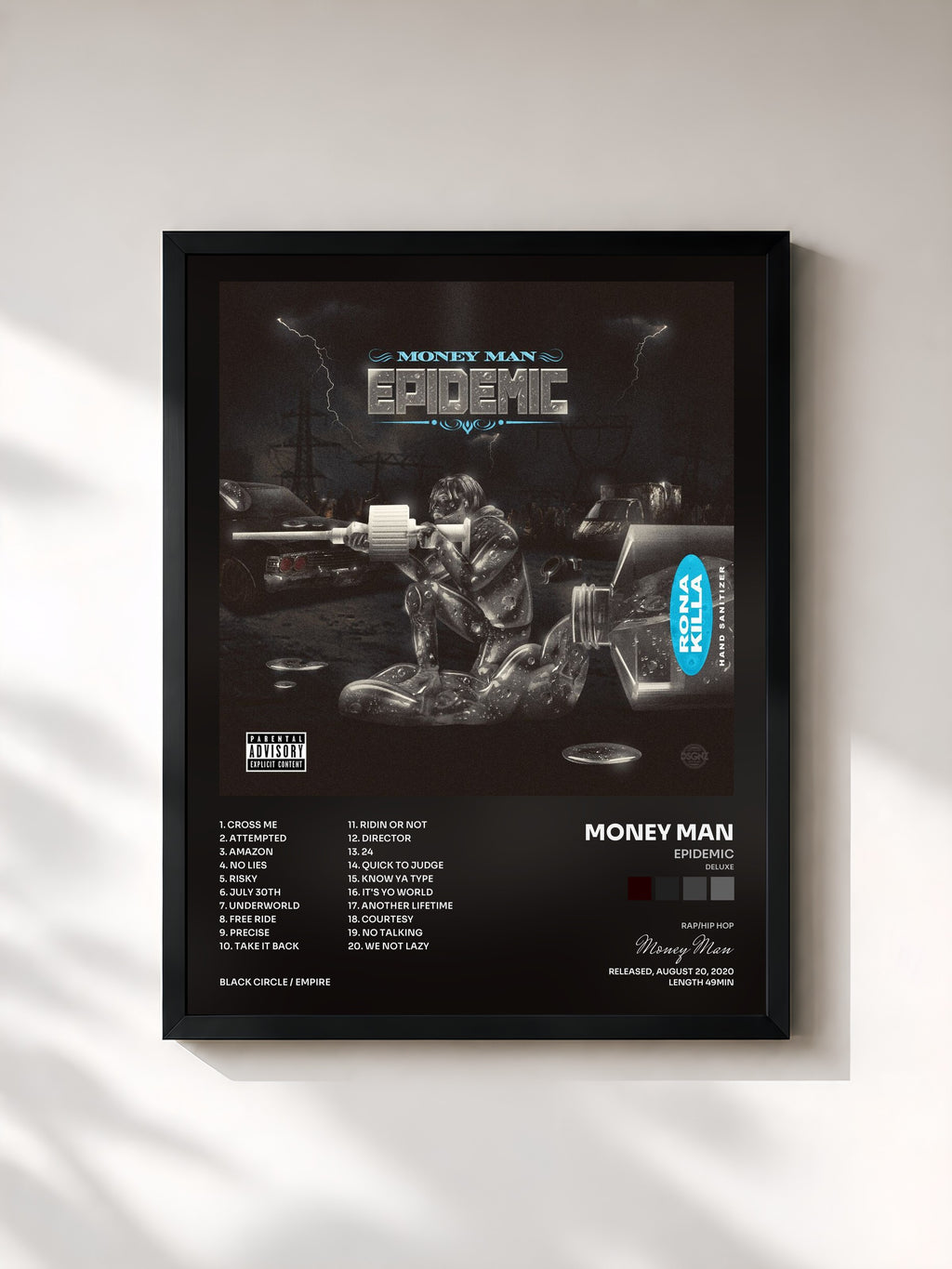 #noir Tableau de l'album Epidemic (Deluxe) de Money Man, cadre noir, imprimé et encadré en France