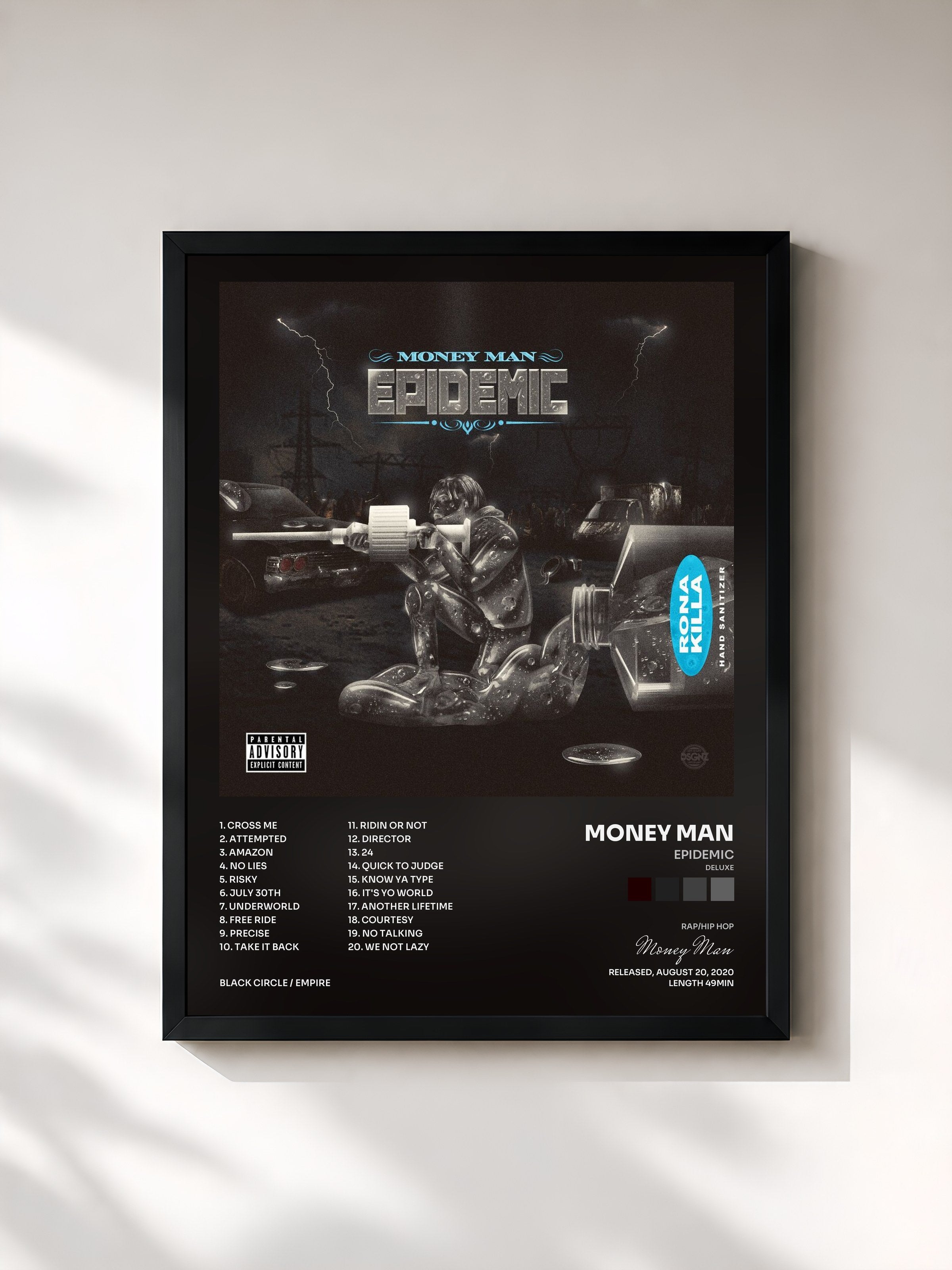 #noir Tableau de l'album Epidemic (Deluxe) de Money Man, cadre noir, imprimé et encadré en France
