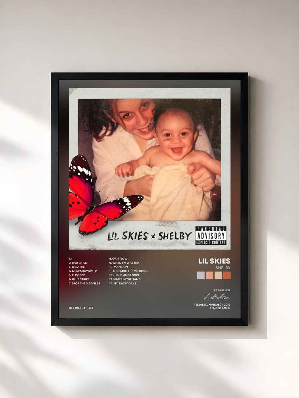 #noir Tableau de l'album Shelby de Lil Skies, cadre noir, imprimé et encadré en France