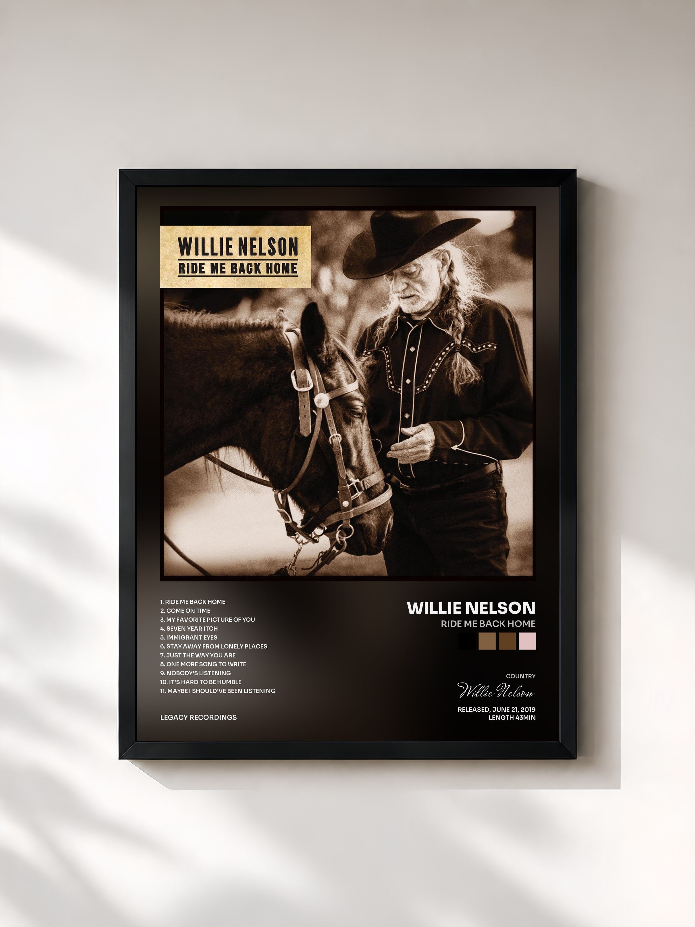 #noir Tableau de l'album Ride Me Back Home de Willie Nelson, cadre noir, imprimé et encadré en France