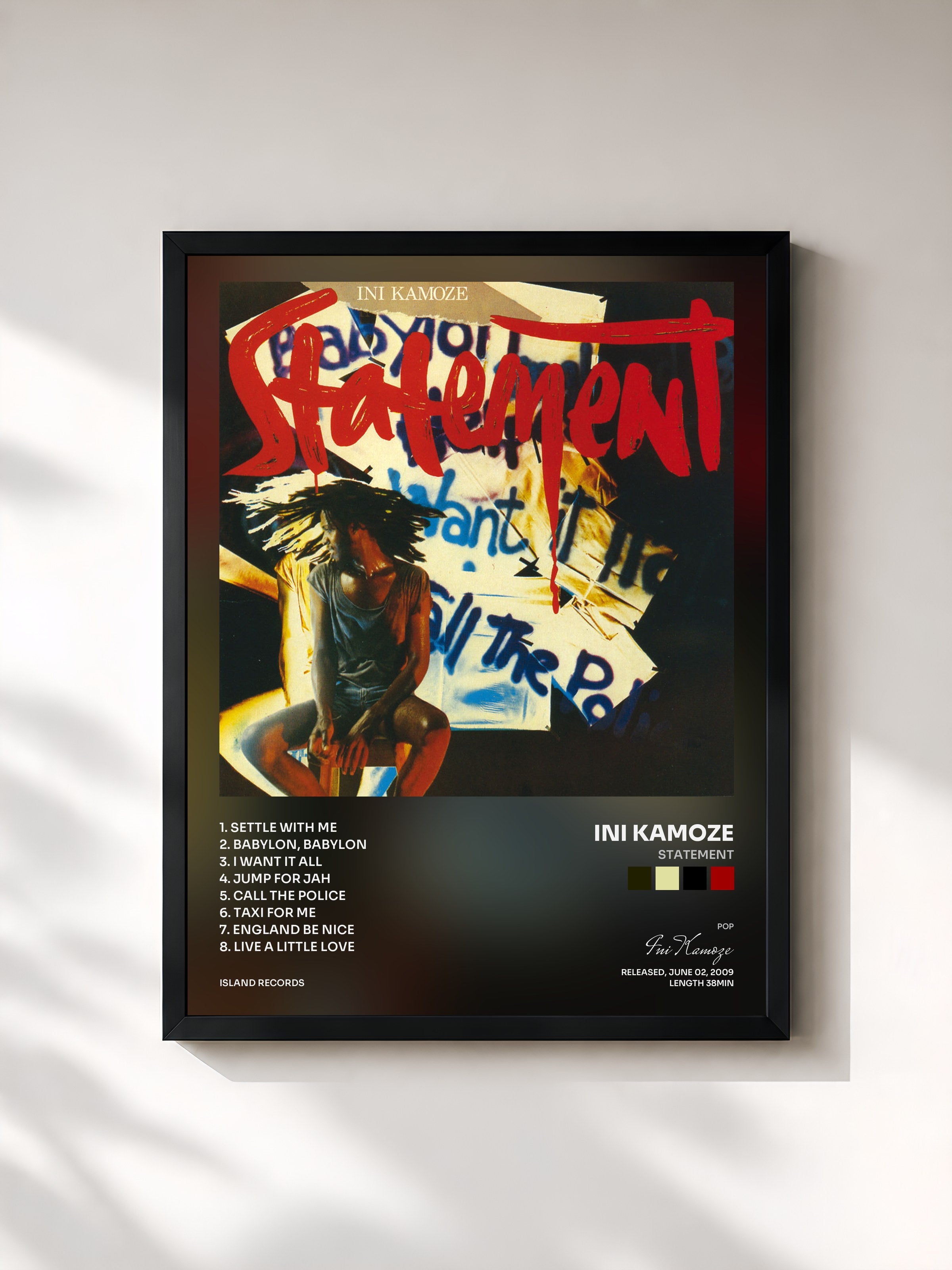#noir Tableau de l'album Statement de Ini Kamoze, cadre noir, imprimé et encadré en France