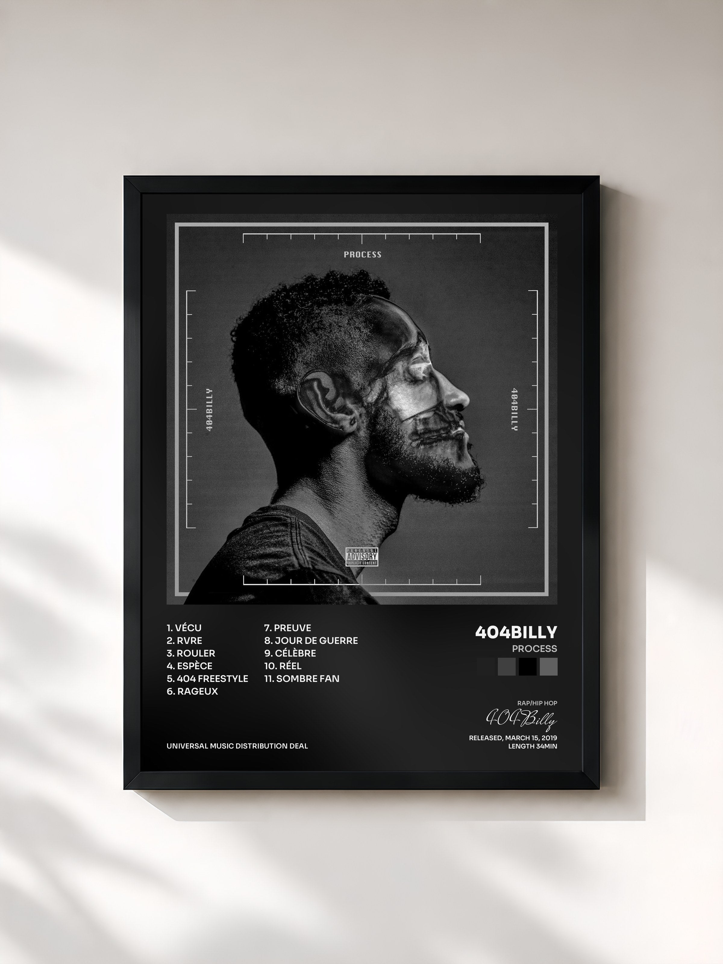 #noir Tableau de l'album Process de 404Billy, cadre noir, imprimé et encadré en France