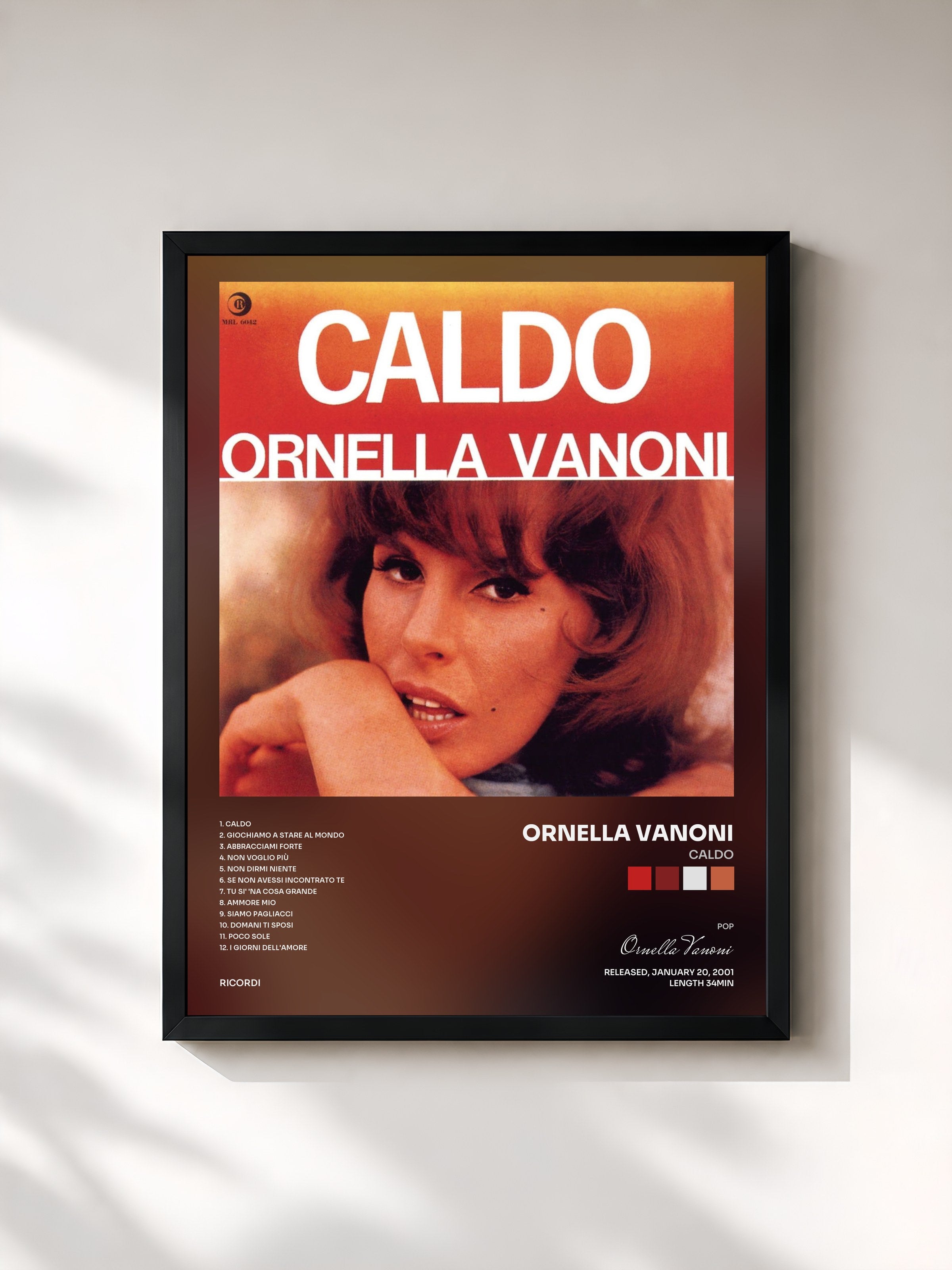 #noir Tableau de l'album Caldo de Ornella Vanoni, cadre noir, imprimé et encadré en France