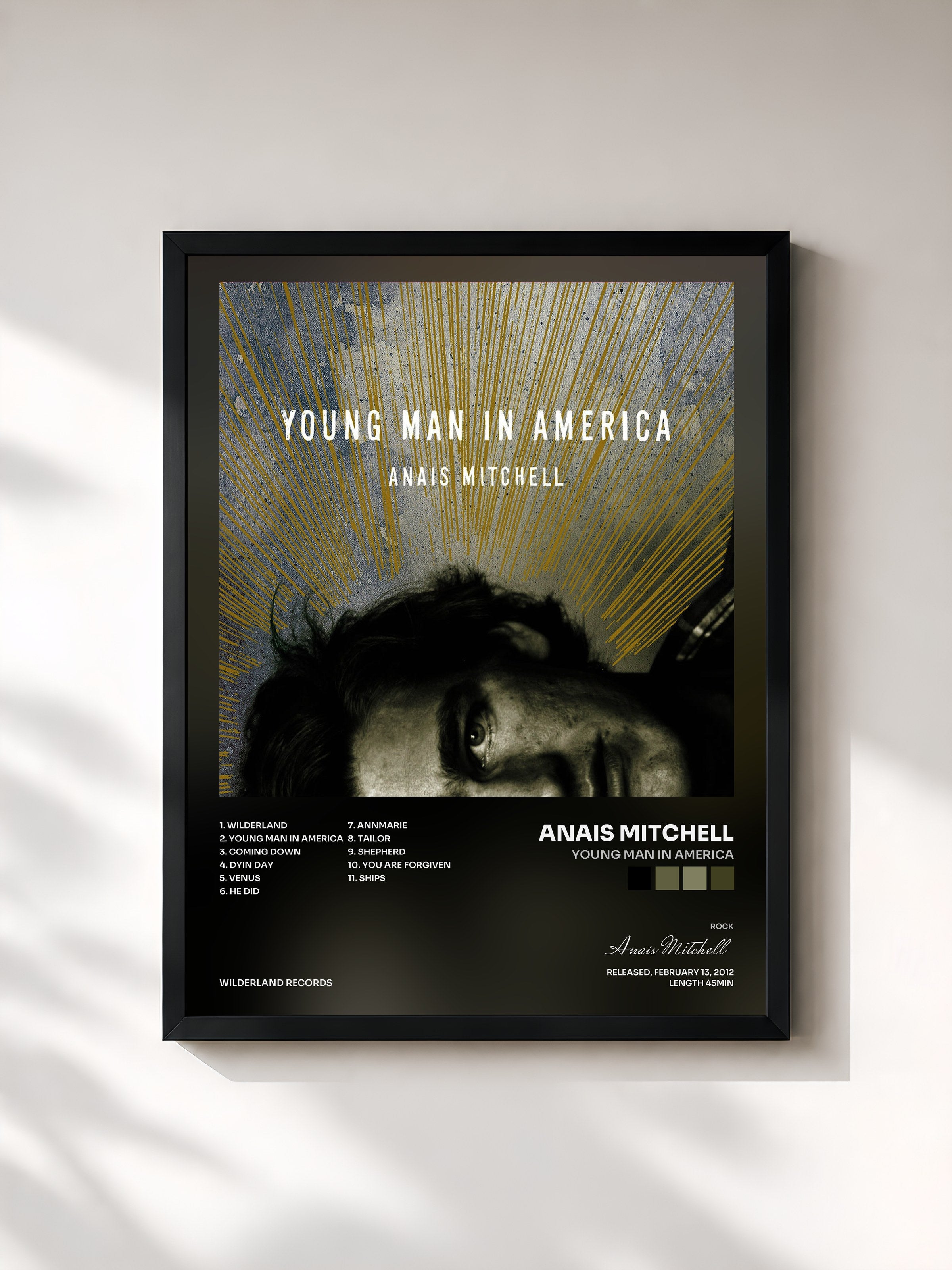 #noir Tableau de l'album Young Man In America de Anais Mitchell, cadre noir, imprimé et encadré en France