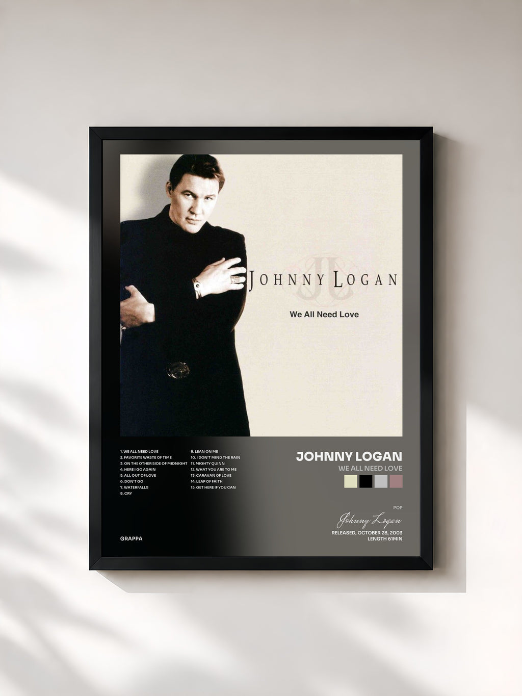 #noir Tableau de l'album We All Need Love de Johnny Logan, cadre noir, imprimé et encadré en France