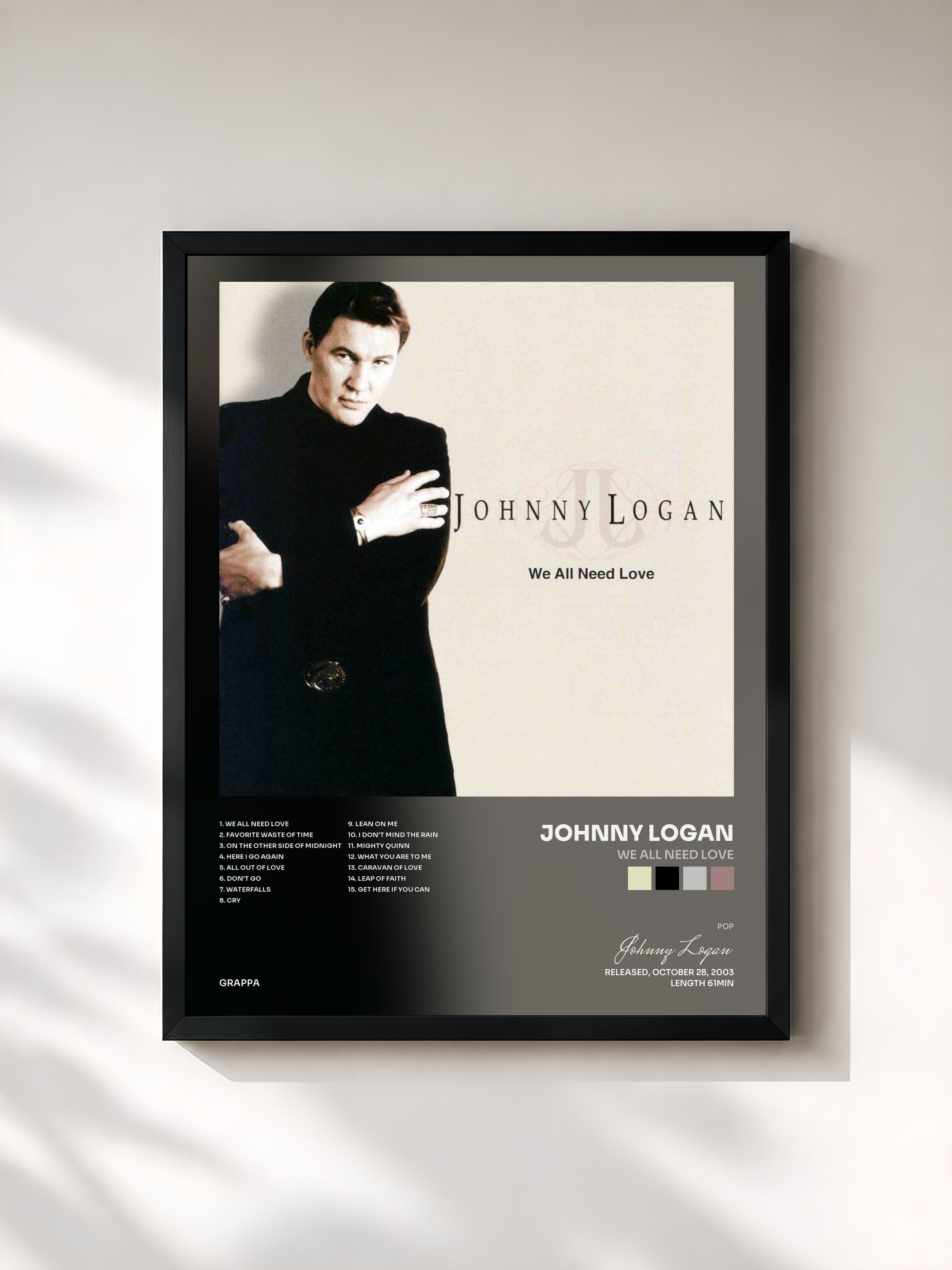 #noir Tableau de l'album We All Need Love de Johnny Logan, cadre noir, imprimé et encadré en France