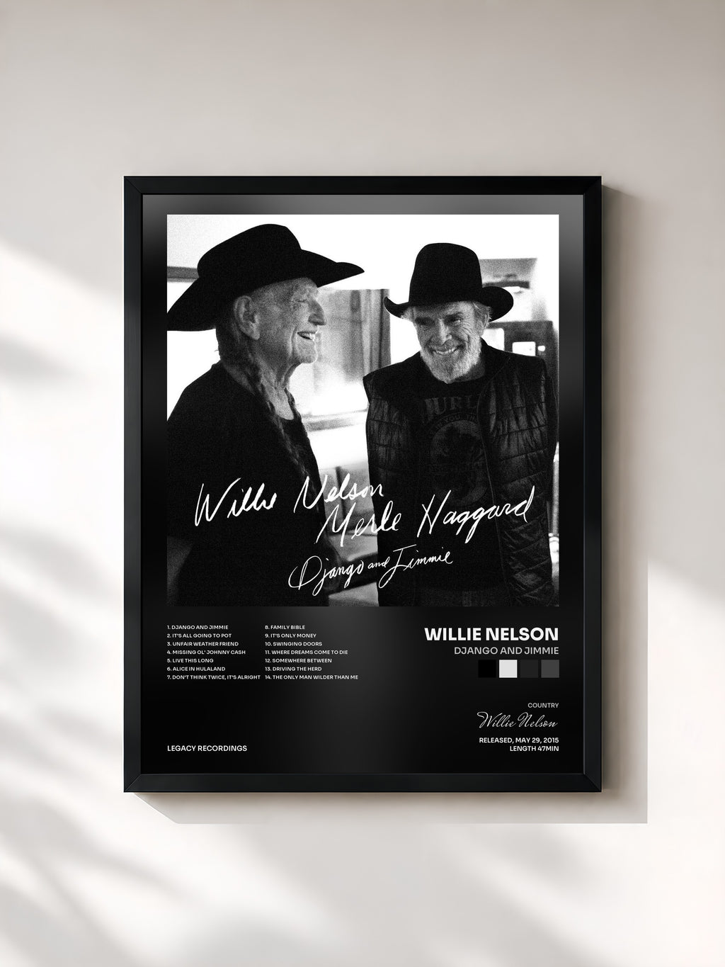 #noir Tableau de l'album Django and Jimmie de Willie Nelson, cadre noir, imprimé et encadré en France