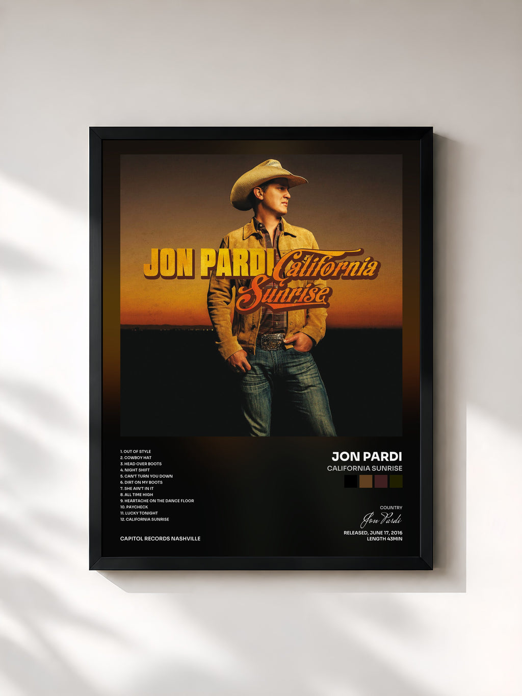 #noir Tableau de l'album California Sunrise de Jon Pardi, cadre noir, imprimé et encadré en France