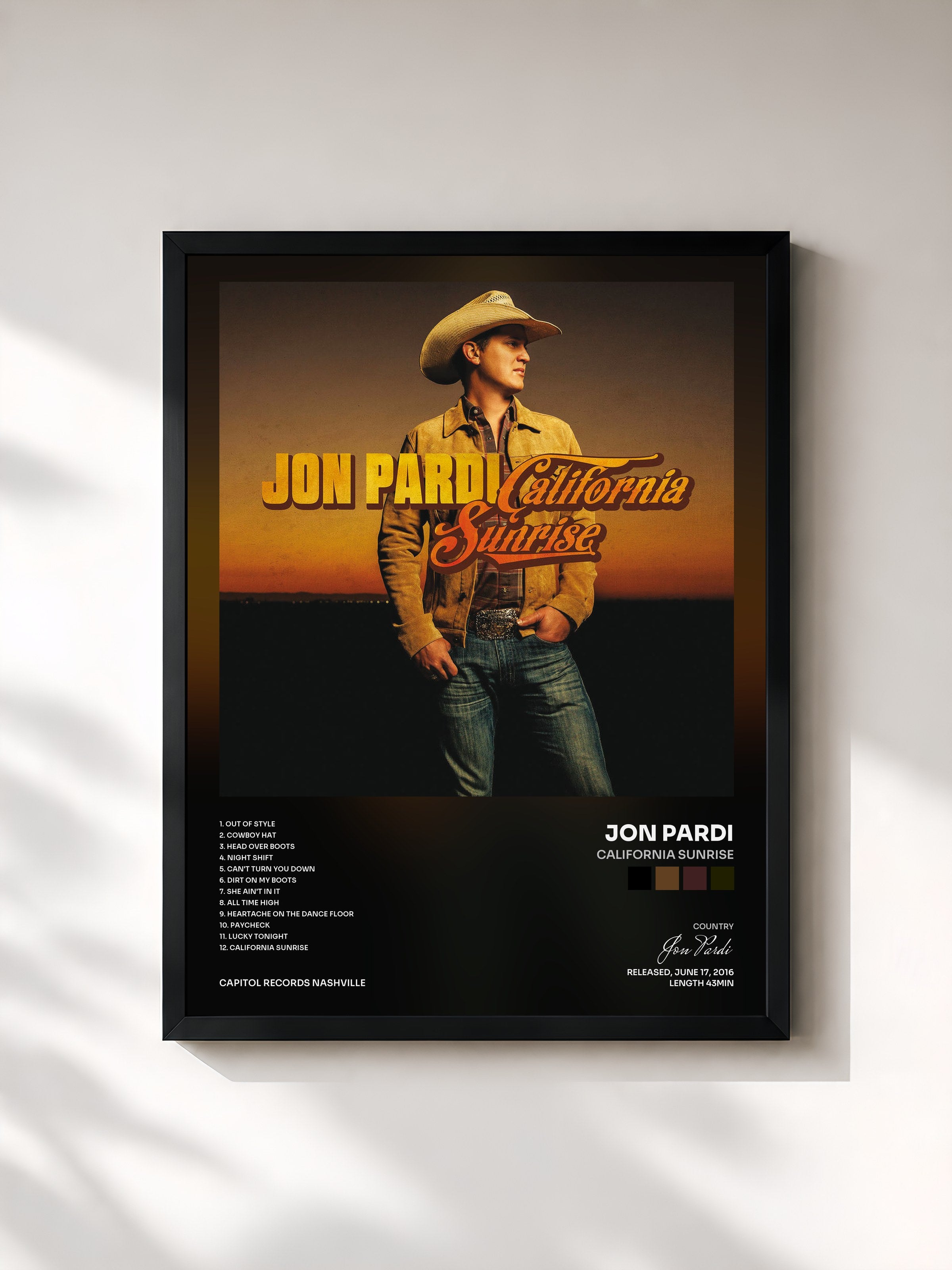 #noir Tableau de l'album California Sunrise de Jon Pardi, cadre noir, imprimé et encadré en France