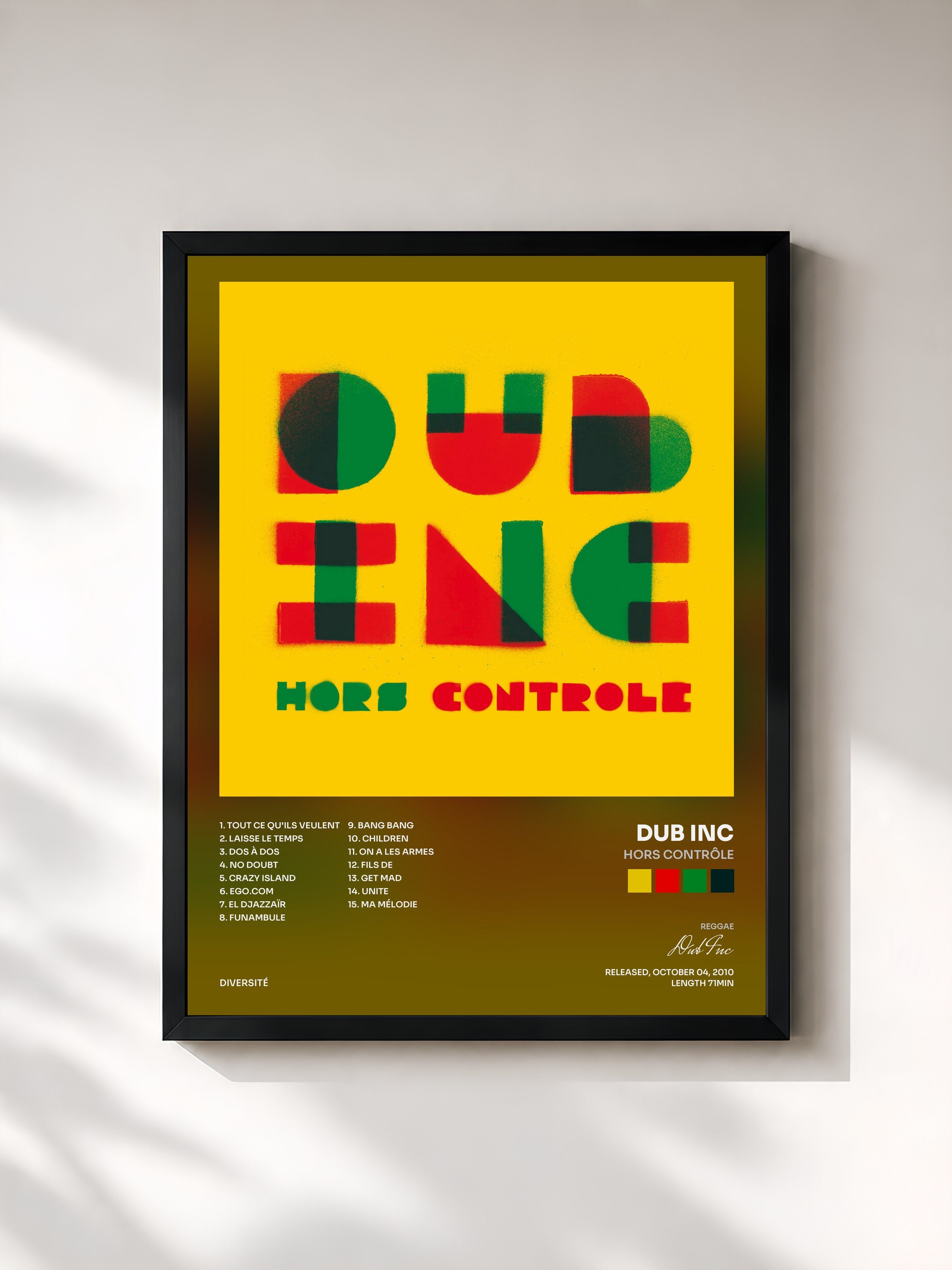 #noir Tableau de l'album Hors contrôle de Dub Inc, cadre noir, imprimé et encadré en France