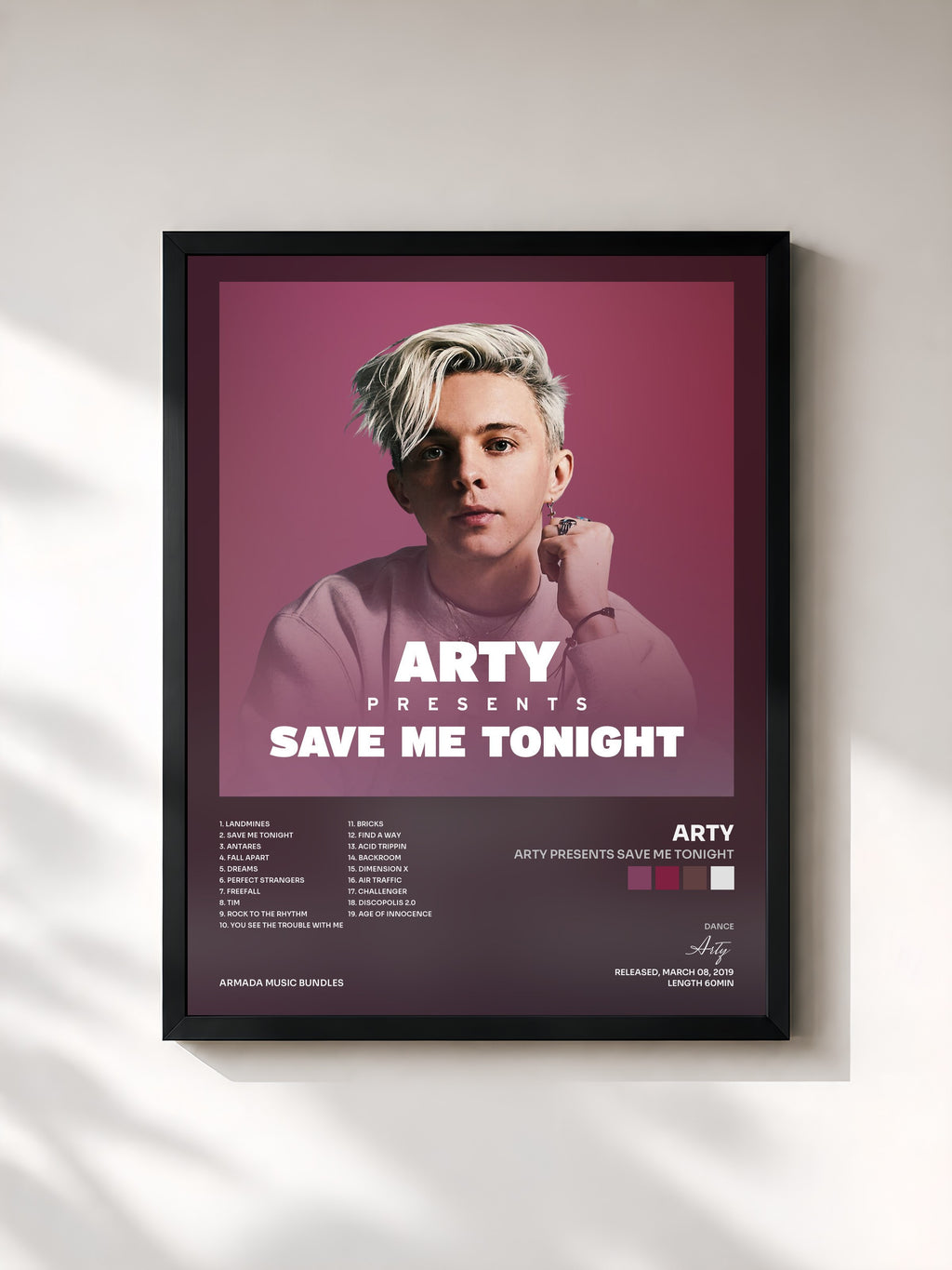 #noir Tableau de l'album ARTY presents Save Me Tonight de Arty, cadre noir, imprimé et encadré en France
