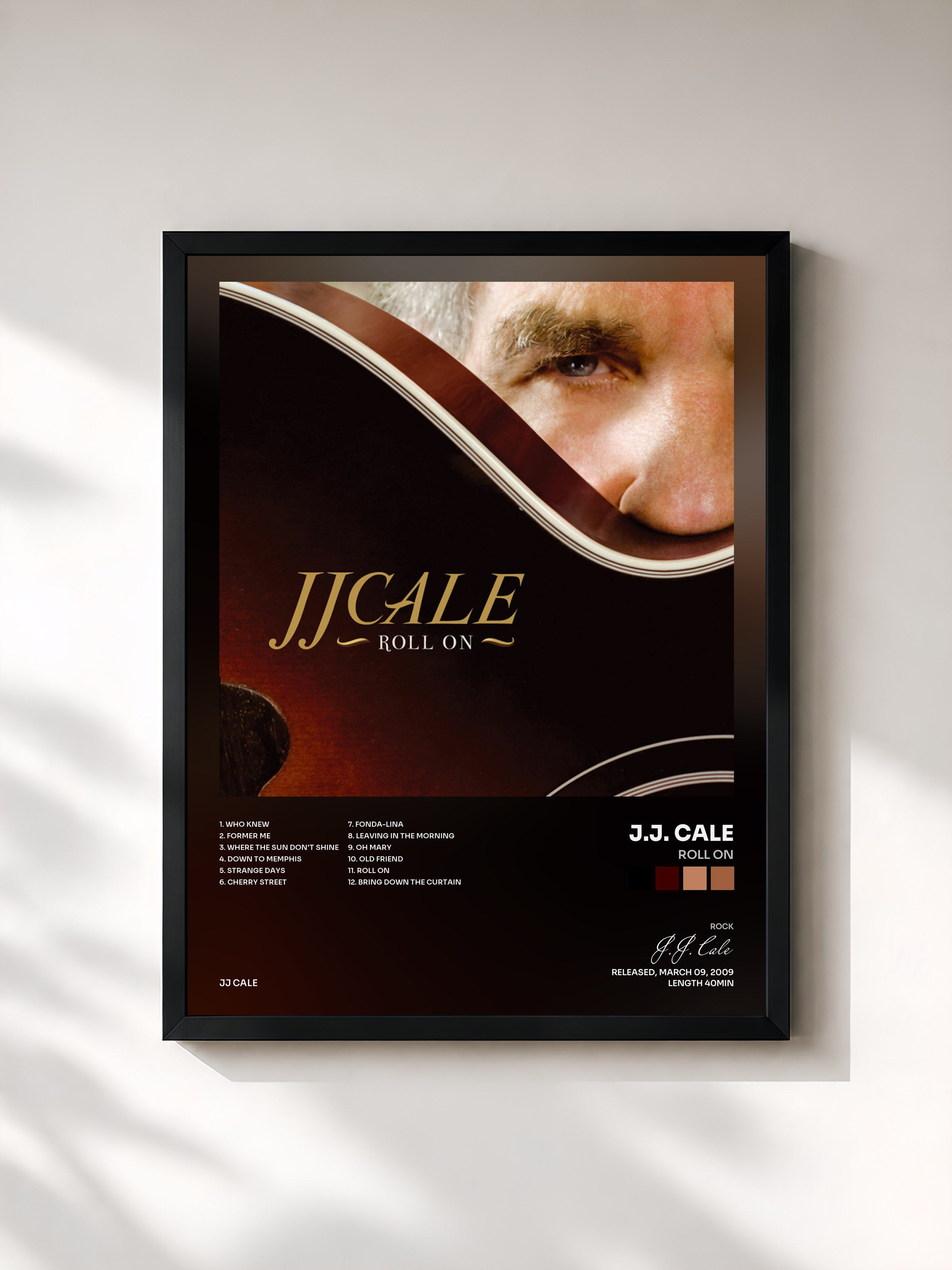 #noir Tableau de l'album Roll On de J.J. Cale, cadre noir, imprimé et encadré en France