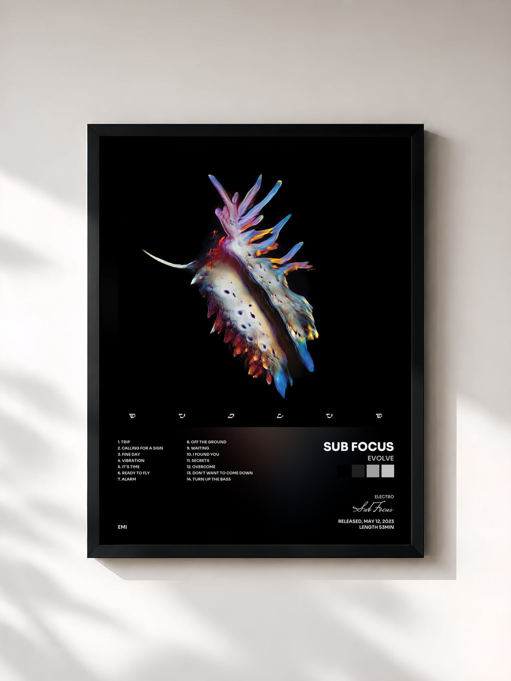 #noir Tableau de l'album Evolve de Sub Focus, cadre noir, imprimé et encadré en France