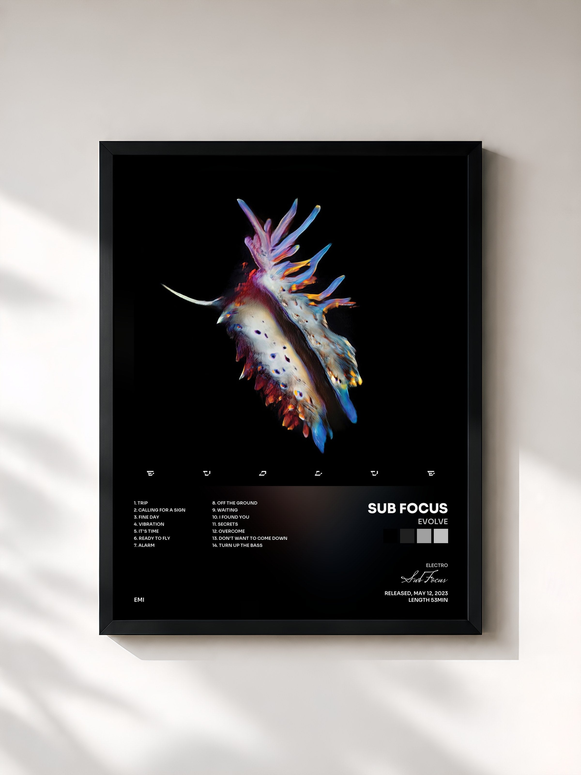 #noir Tableau de l'album Evolve de Sub Focus, cadre noir, imprimé et encadré en France
