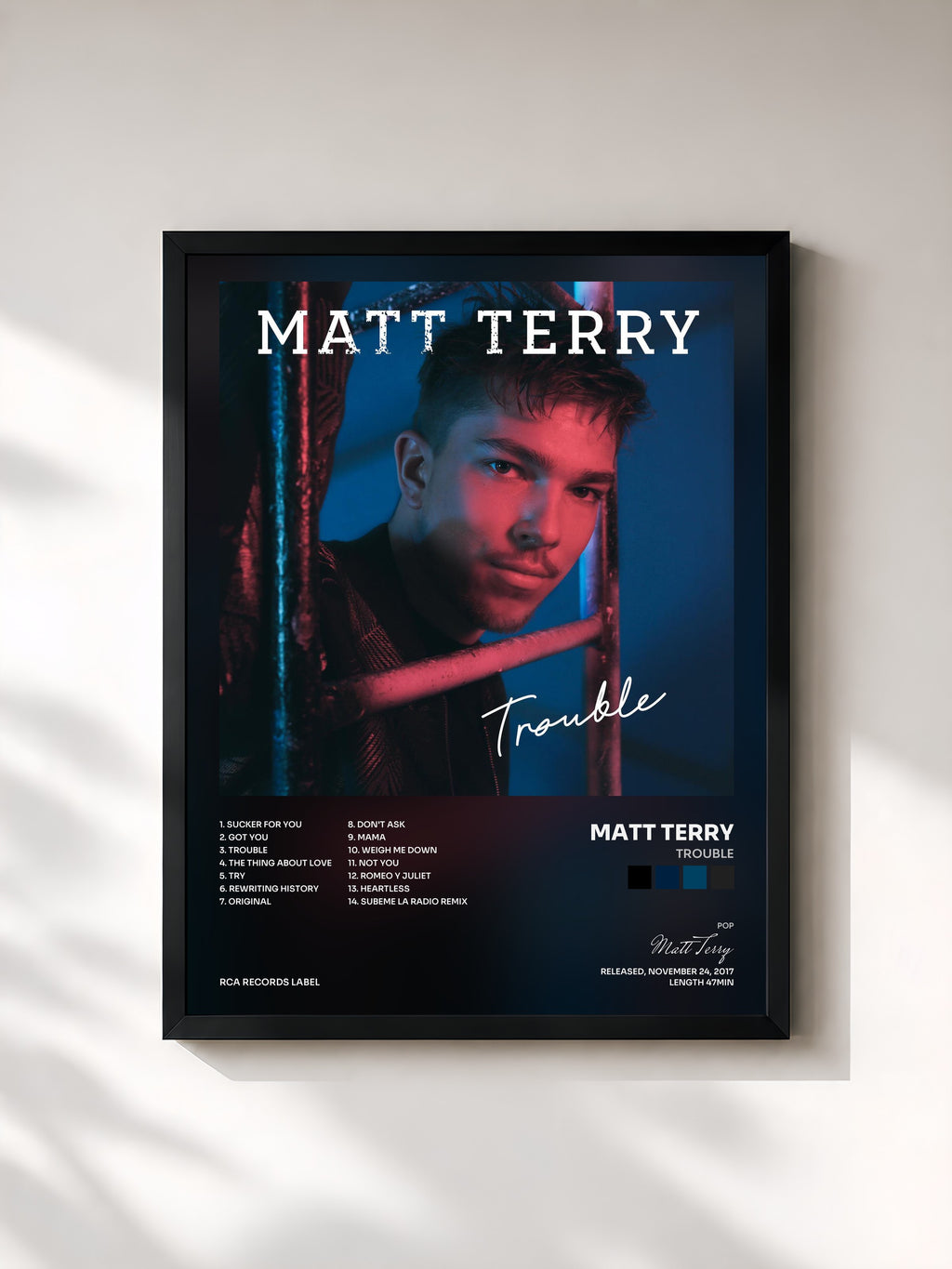 #noir Tableau de l'album Trouble de Matt Terry, cadre noir, imprimé et encadré en France