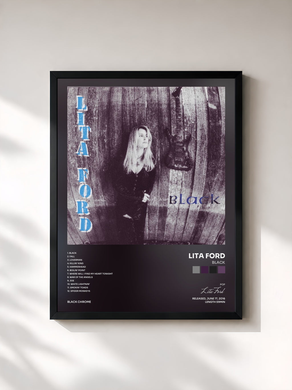 #noir Tableau de l'album Black de Lita Ford, cadre noir, imprimé et encadré en France