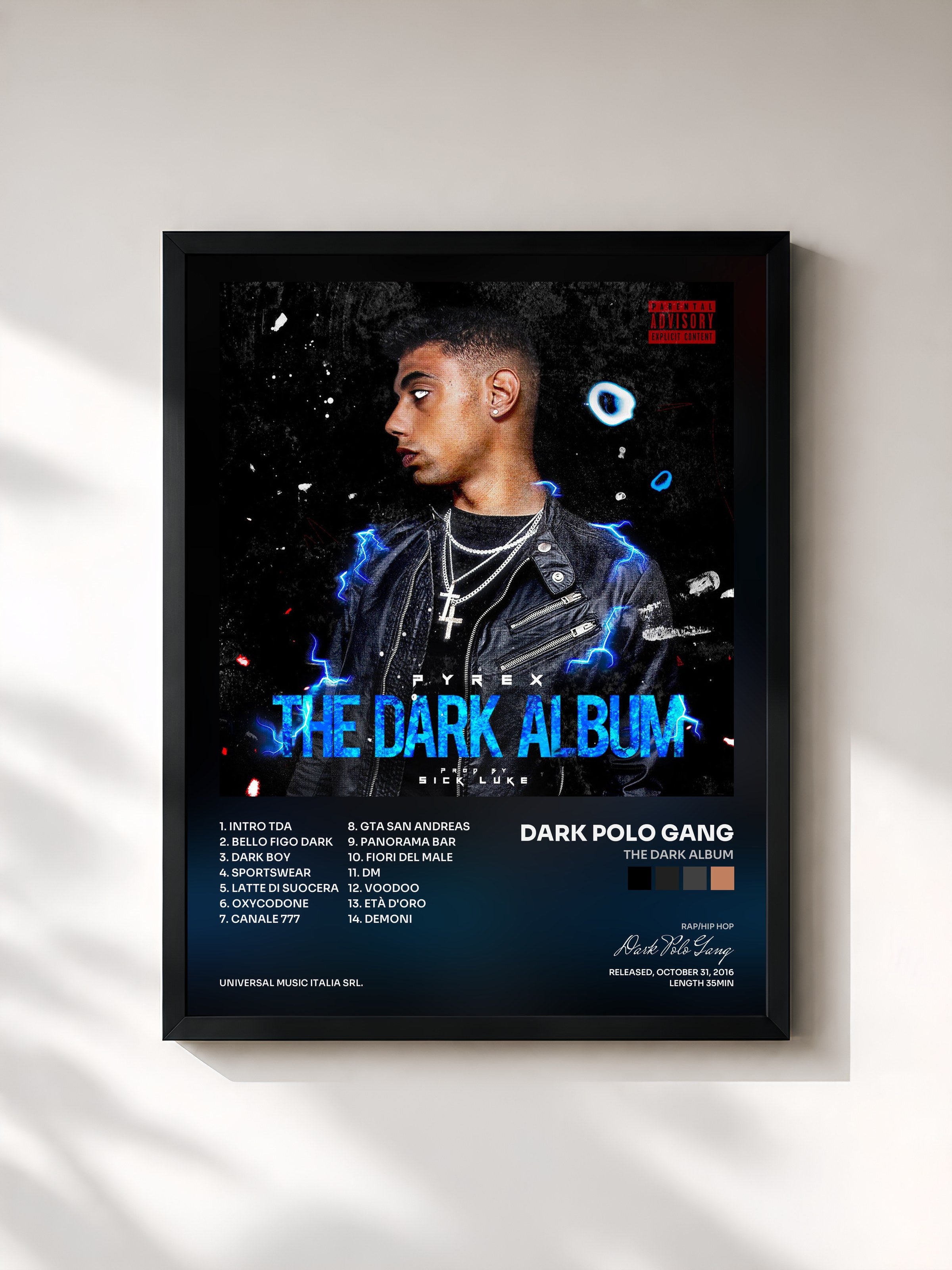 #noir Tableau de l'album The Dark Album de Dark Polo Gang, cadre noir, imprimé et encadré en France