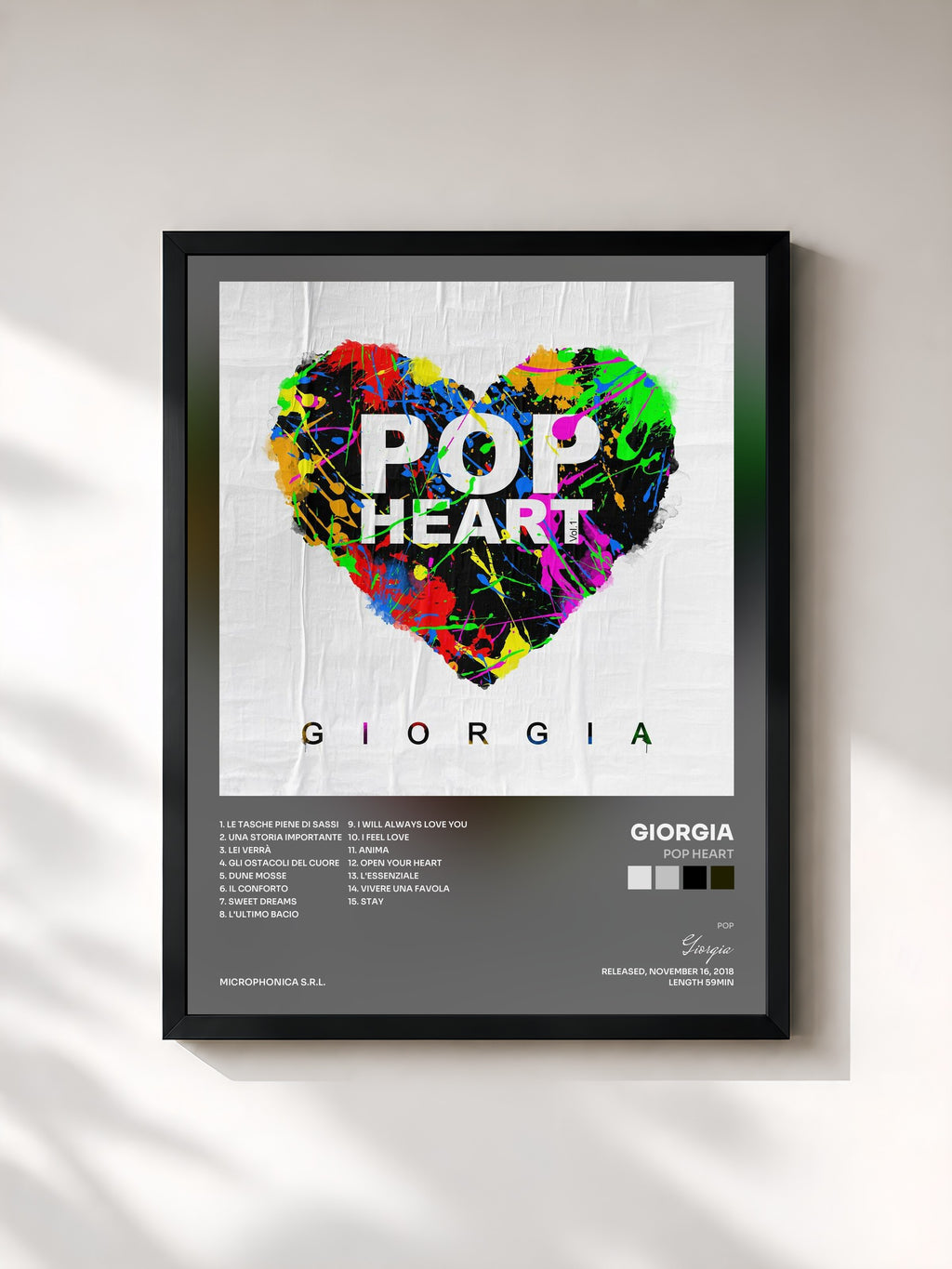 #noir Tableau de l'album Pop Heart de Giorgia, cadre noir, imprimé et encadré en France