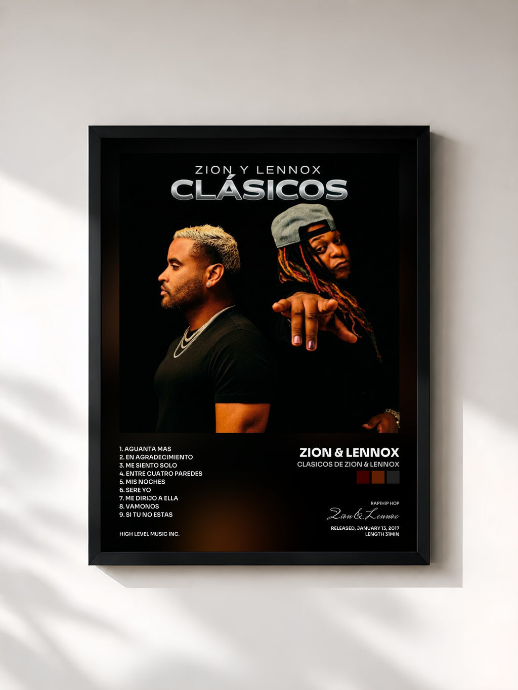 #noir Tableau de l'album Clasicos de Zion & Lennox de Zion & Lennox, cadre noir, imprimé et encadré en France