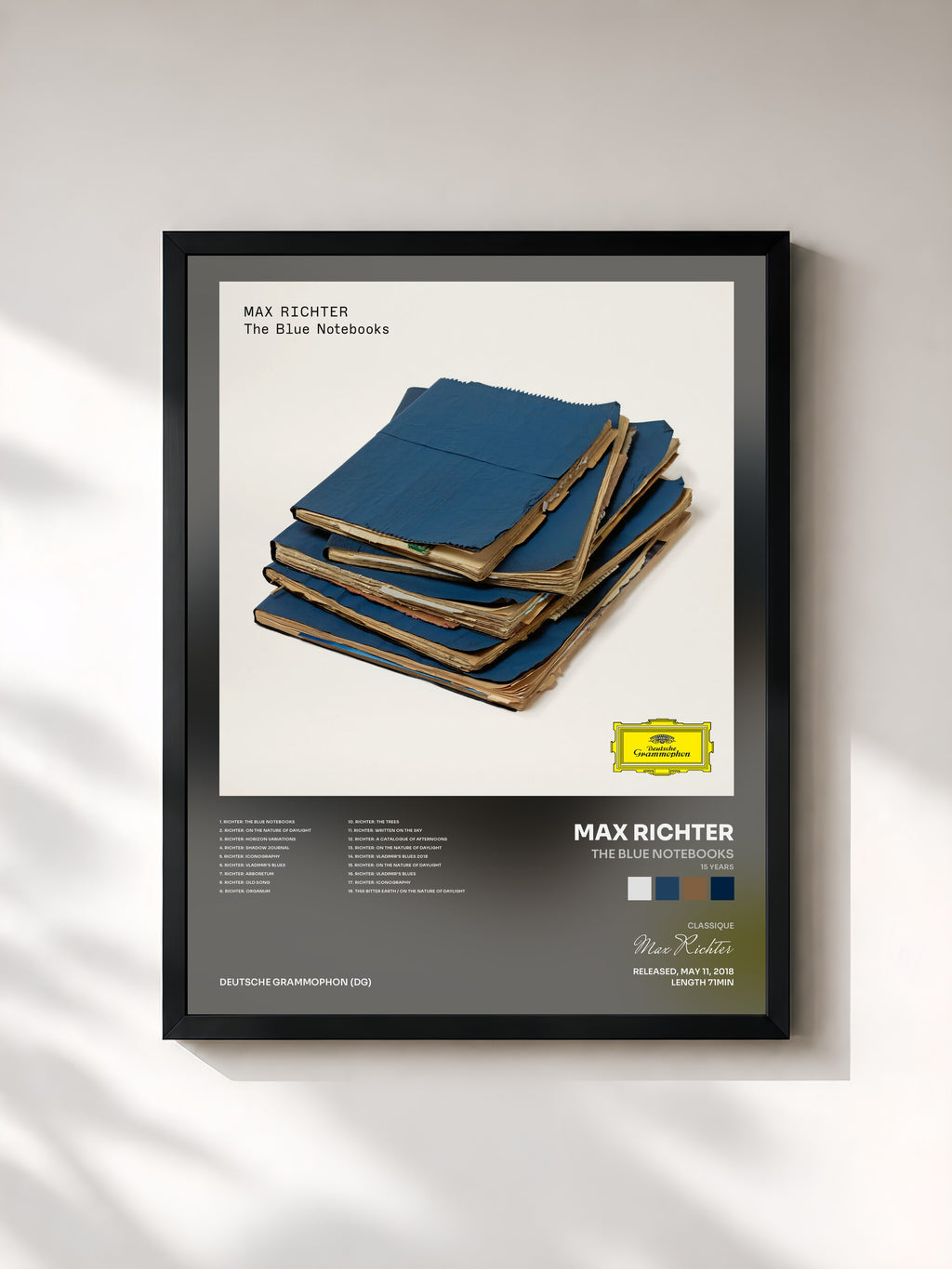 #noir Tableau de l'album The Blue Notebooks (15 Years) de Max Richter, cadre noir, imprimé et encadré en France