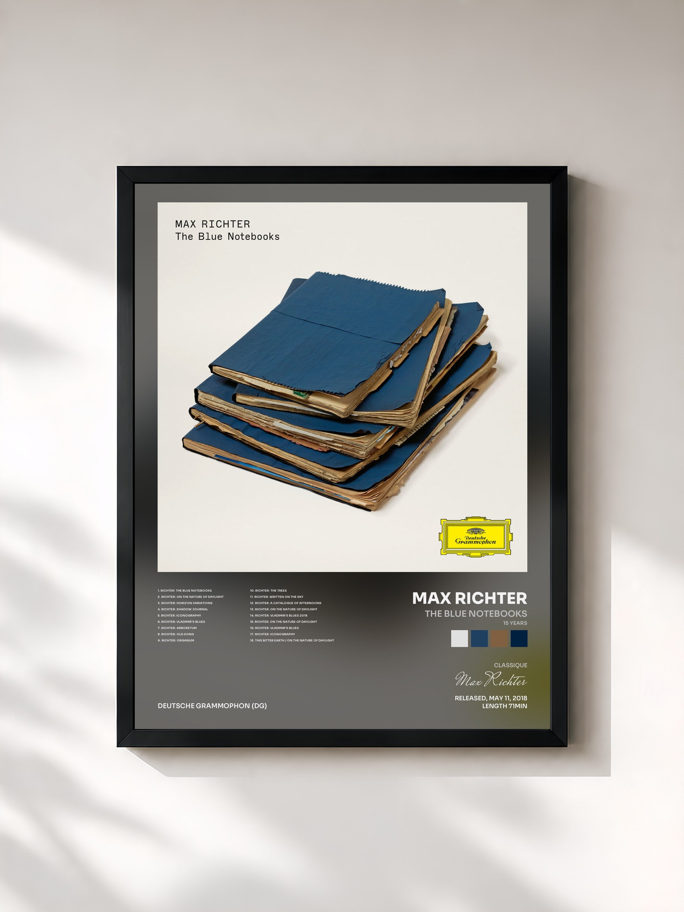 #noir Tableau de l'album The Blue Notebooks (15 Years) de Max Richter, cadre noir, imprimé et encadré en France