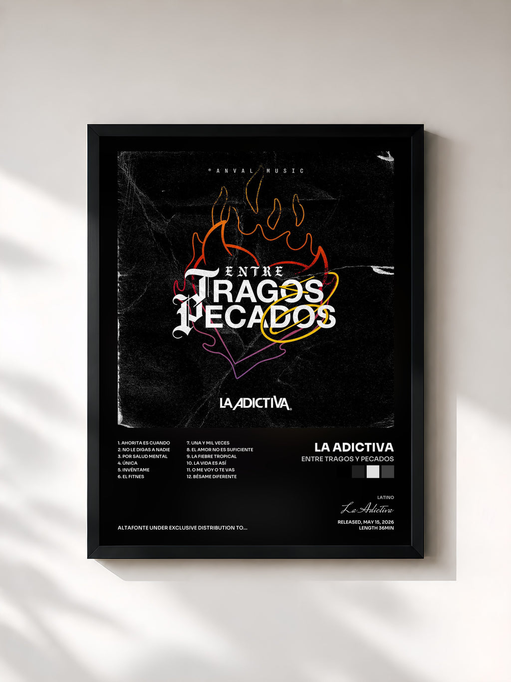 #noir Tableau de l'album Entre Tragos y Pecados de La Adictiva, cadre noir, imprimé et encadré en France