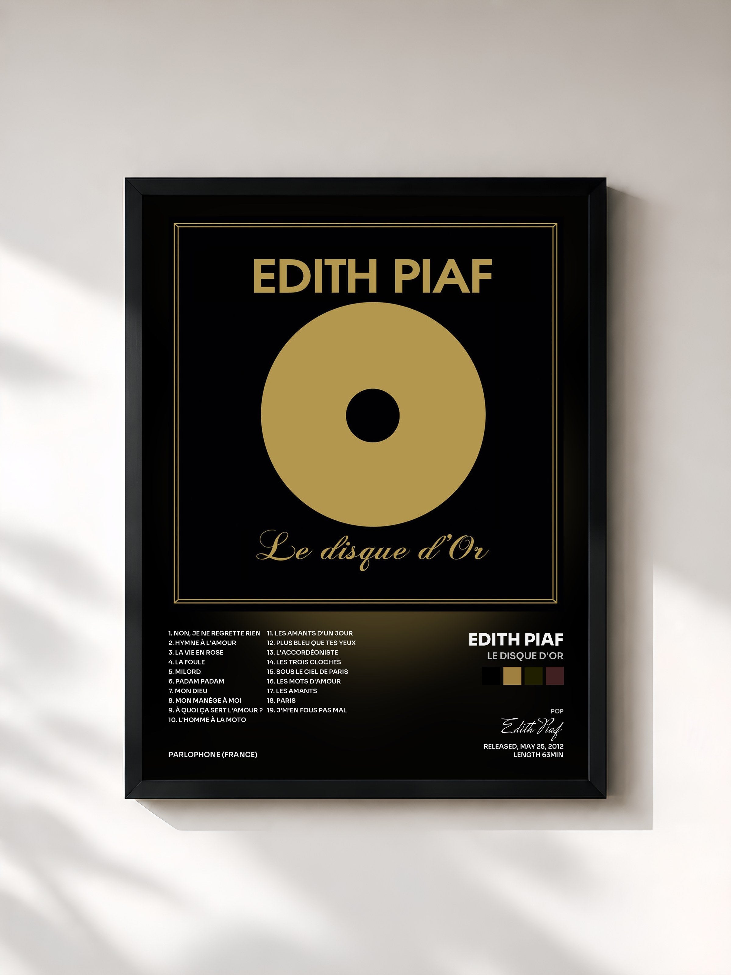 #noir Tableau de l'album Le disque d'or de Edith Piaf, cadre noir, imprimé et encadré en France