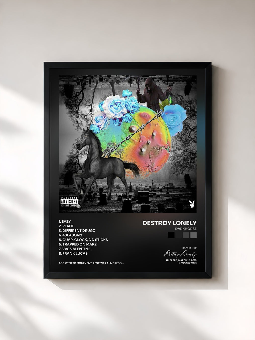 #noir Tableau de l'album Darkhorse de Destroy Lonely, cadre noir, imprimé et encadré en France