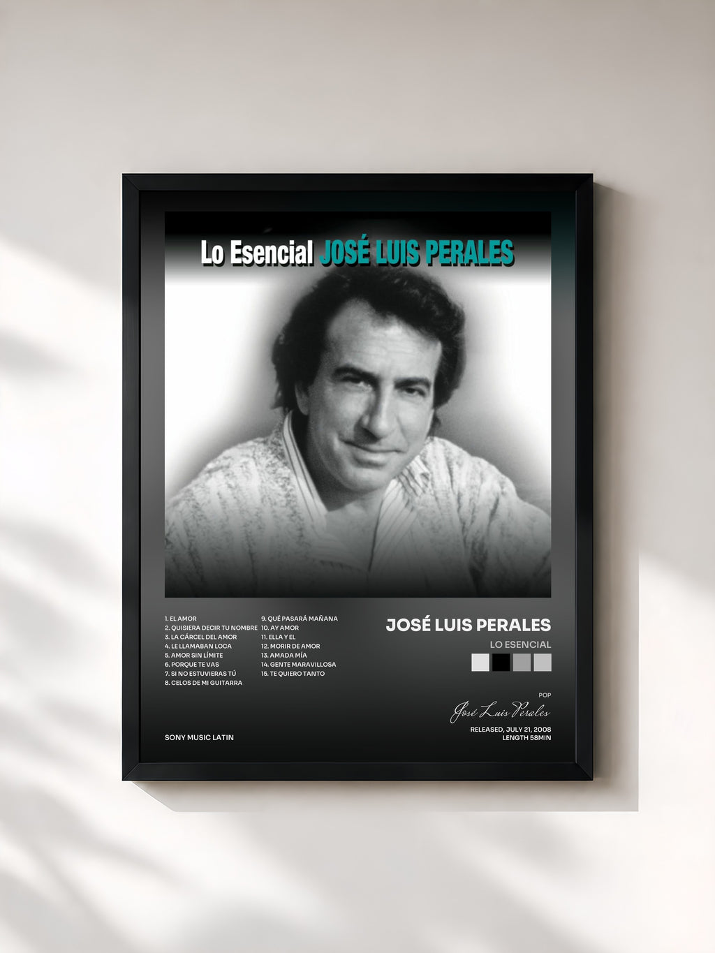#noir Tableau de l'album Lo Esencial de José Luis Perales, cadre noir, imprimé et encadré en France